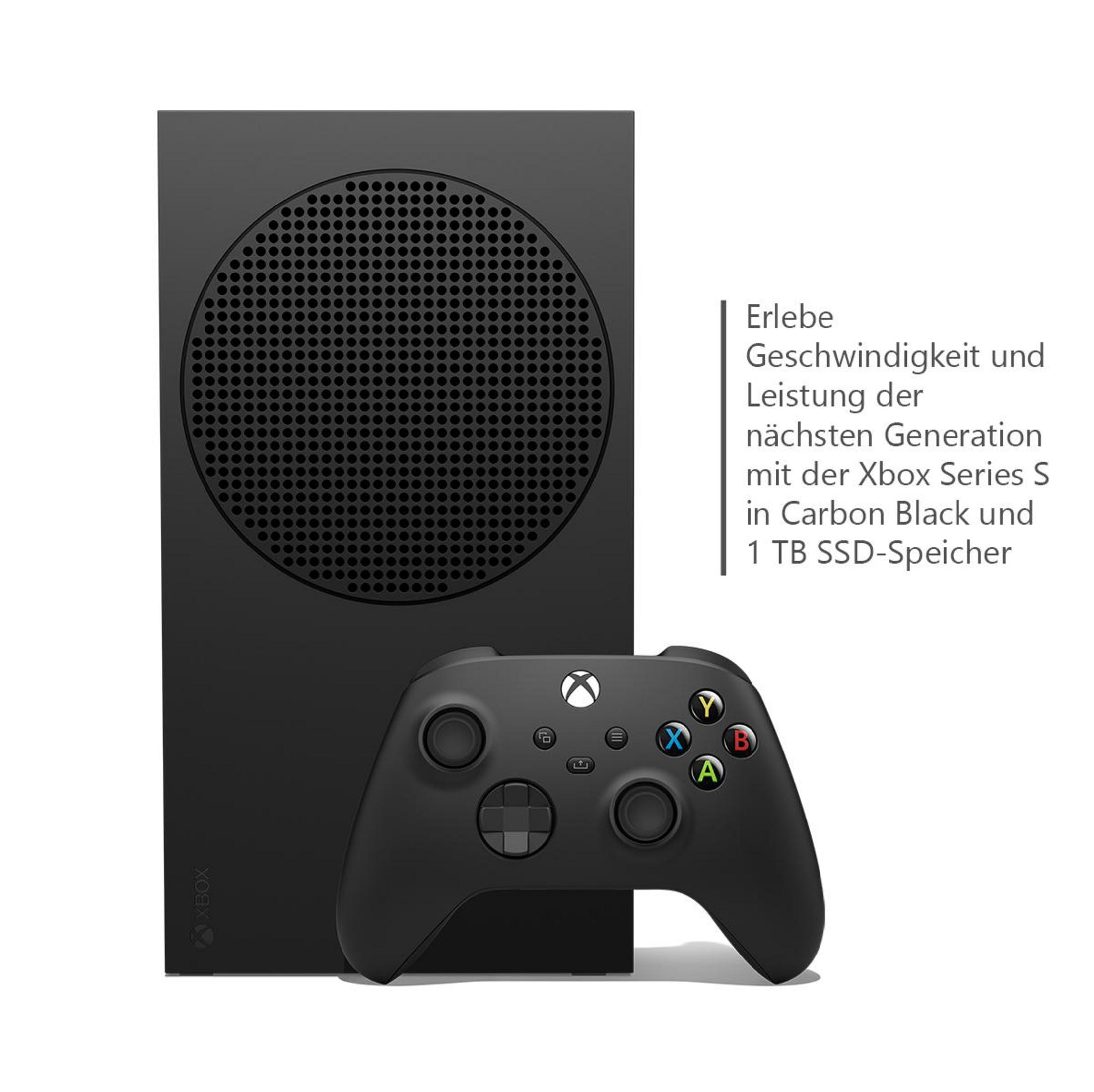 Schwarze Xbox Series S Konsole und Controller. Text beschreibt die Series S in Schwarz und 1TB SSD Speicher.
