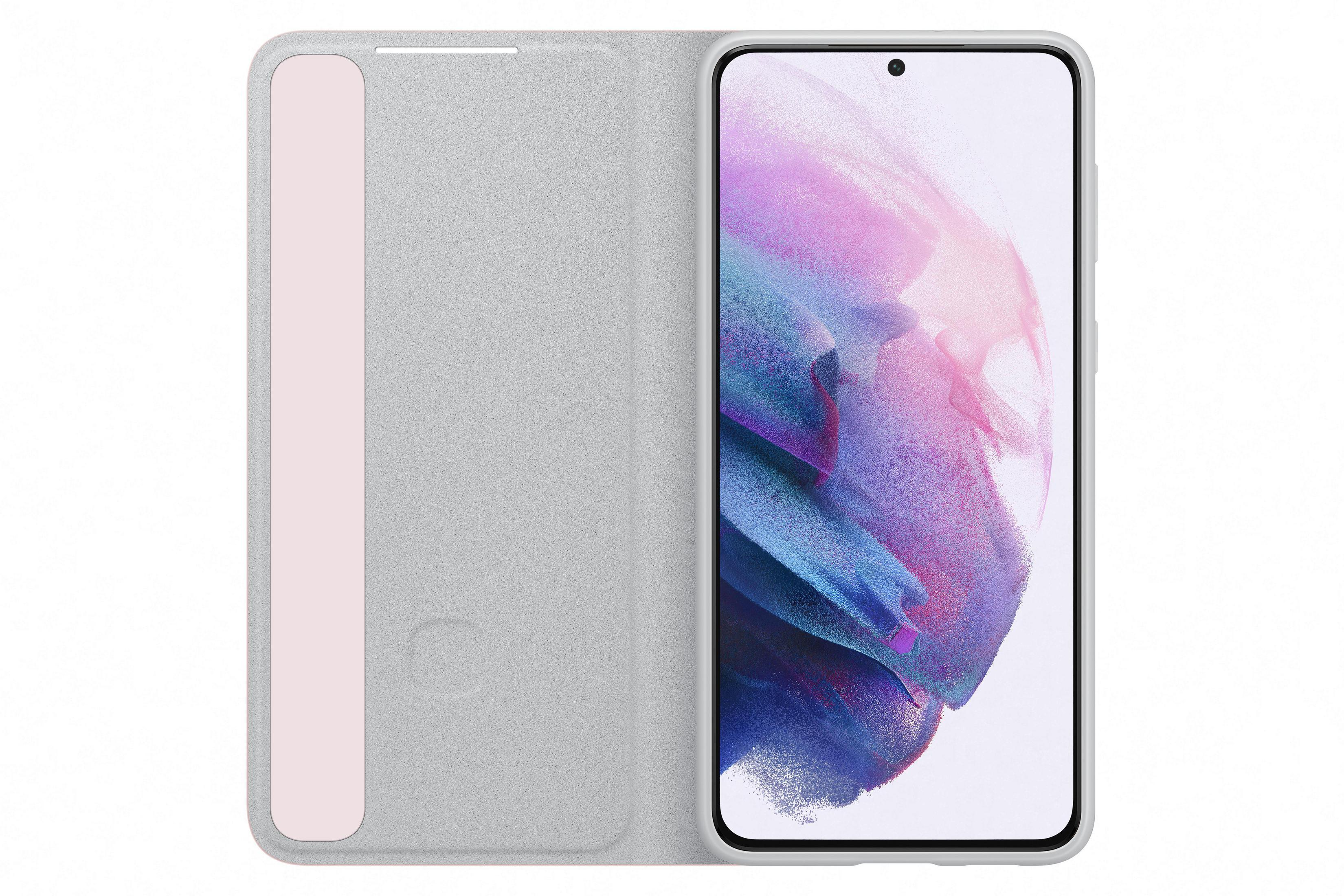 Eine hellgraue Handyhülle geöffnet, zeigt ein Telefon mit einem Bildschirm, der ein farbenfrohes Design zeigt.