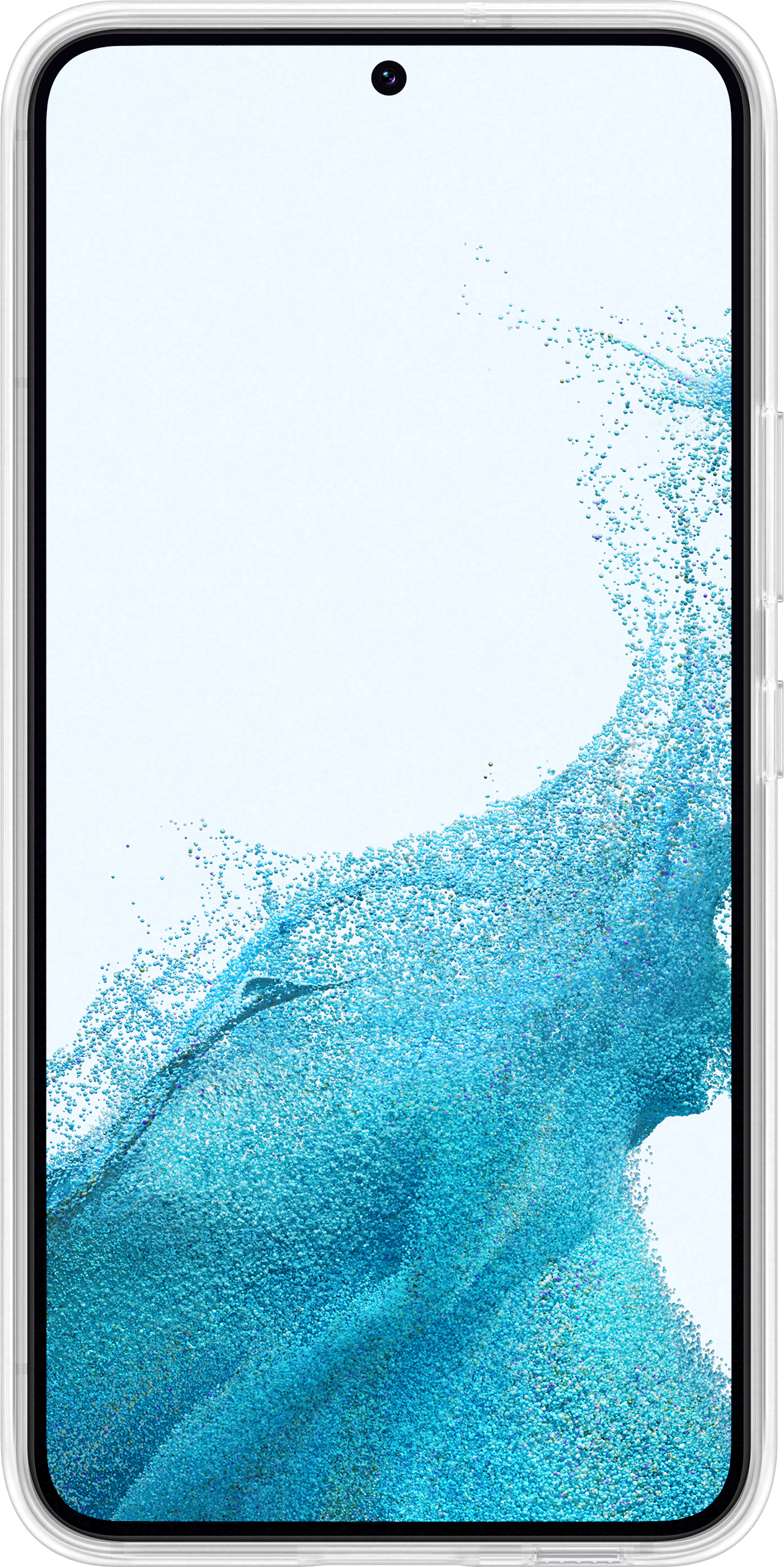 Primer plano de un smartphone con funda blanca, mostrando un fondo azul texturizado.