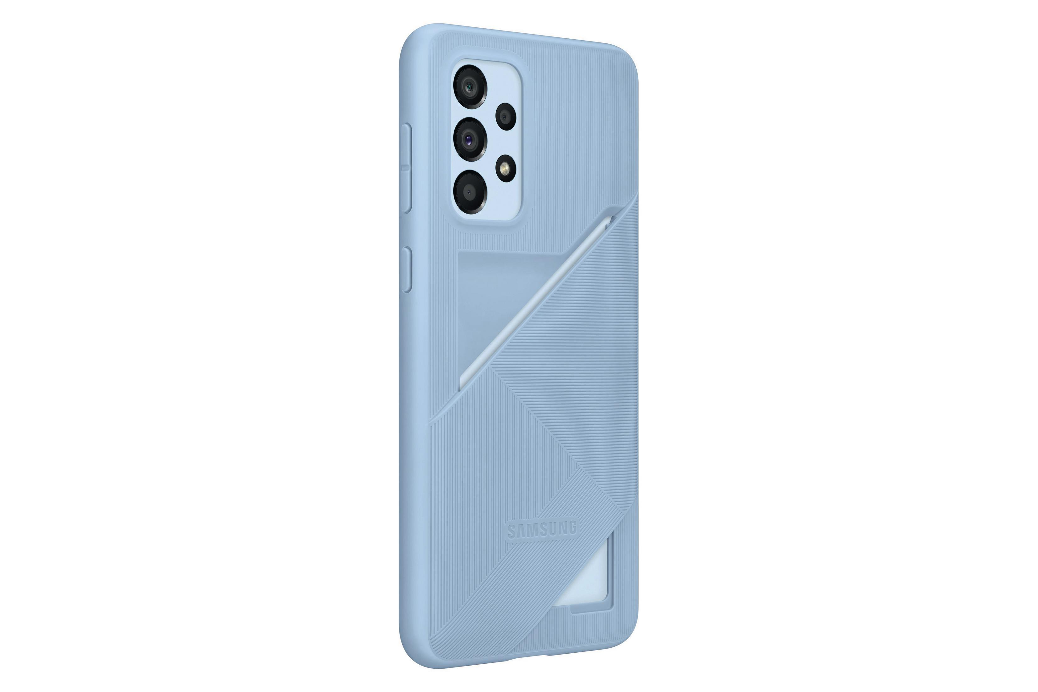 Una funda de teléfono azul claro con una ranura para tarjetas en la parte posterior y el logotipo de Samsung.