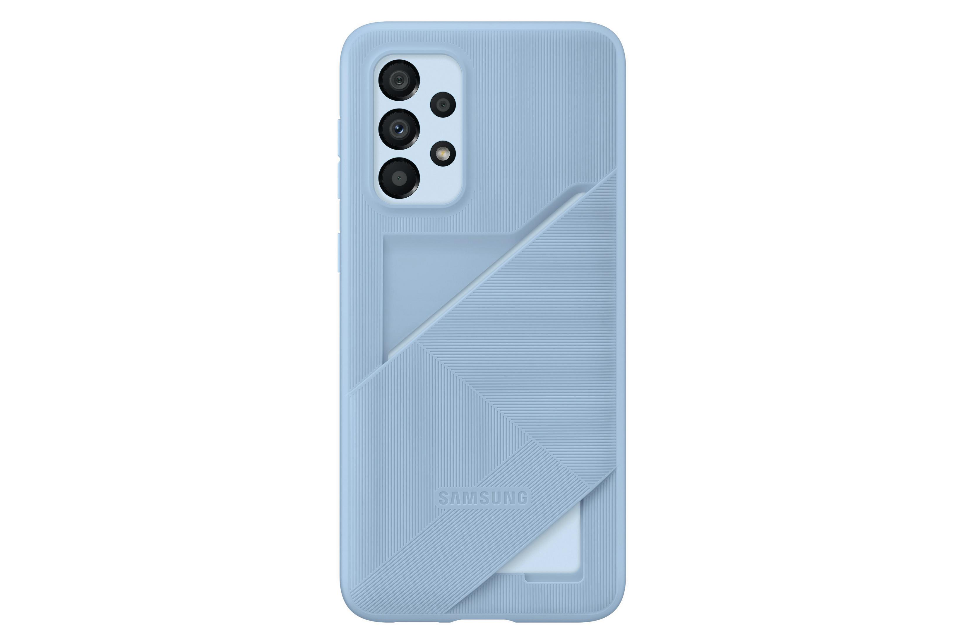 Funda azul claro para teléfono Samsung con ranura para tarjetas. Tiene tres cámaras y un logotipo Samsung.