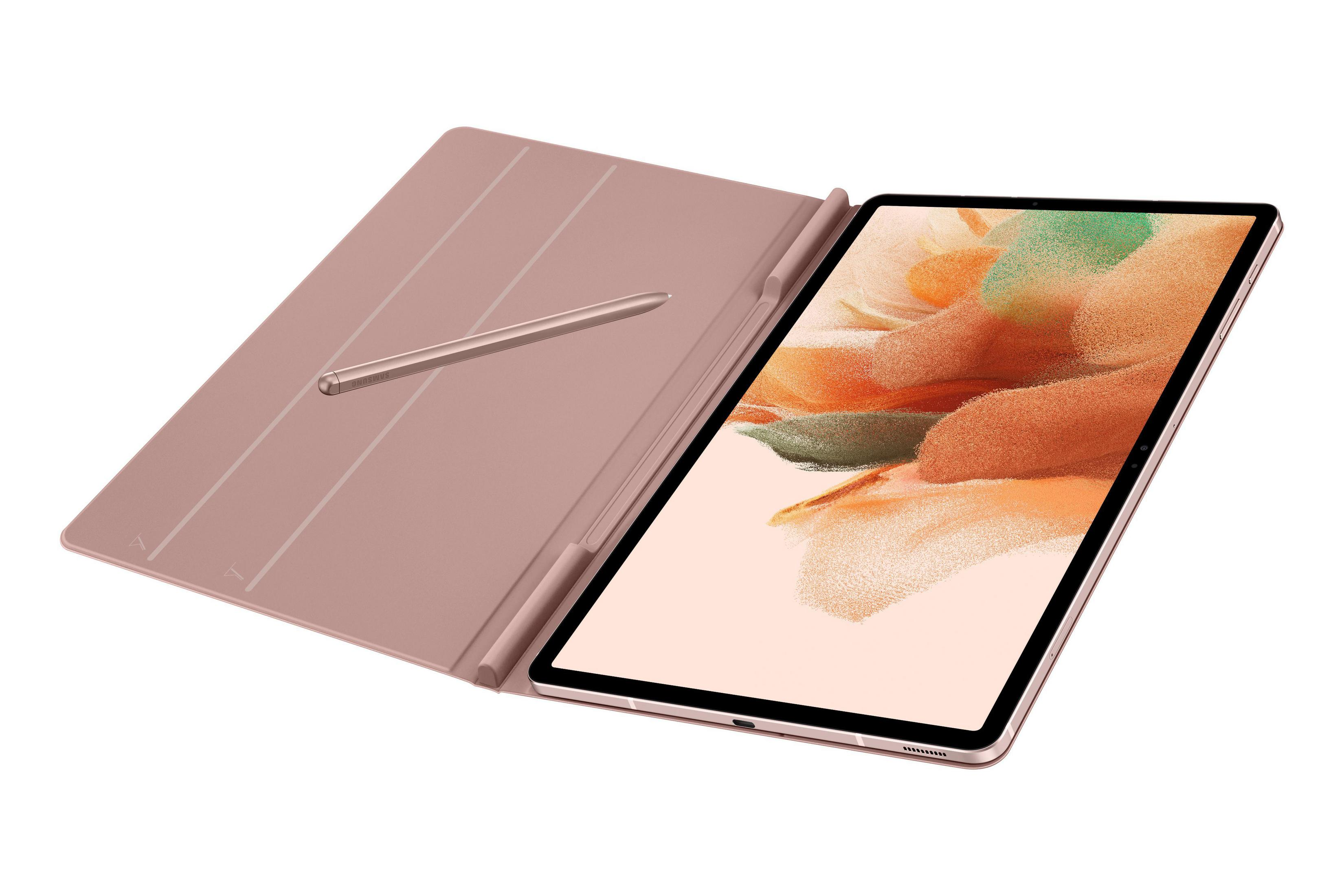 Un tablet rosa con una penna stilo su una cover rosa. Lo schermo del tablet è acceso, con un design colorato.