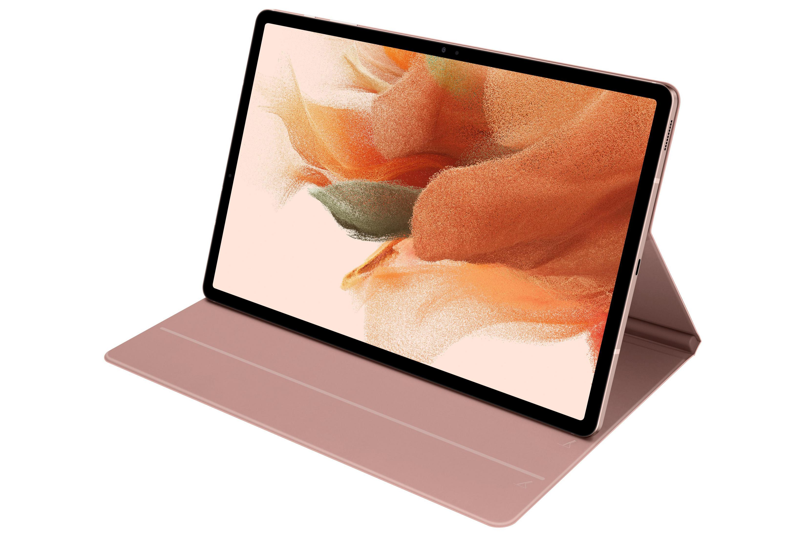 Un tablet rosa con una cover rosa.