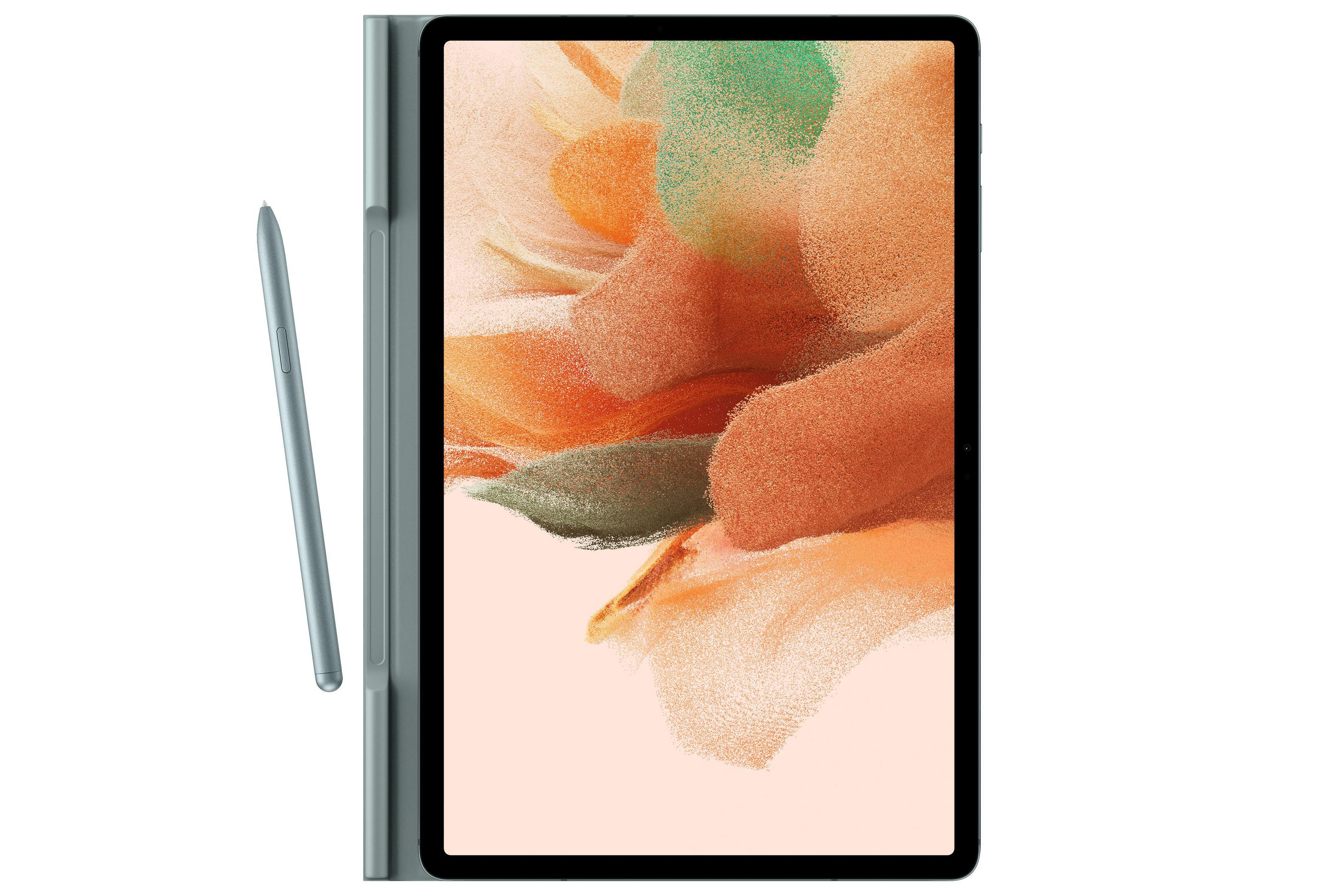 Une tablette avec un stylet sur fond blanc. La tablette a une housse.