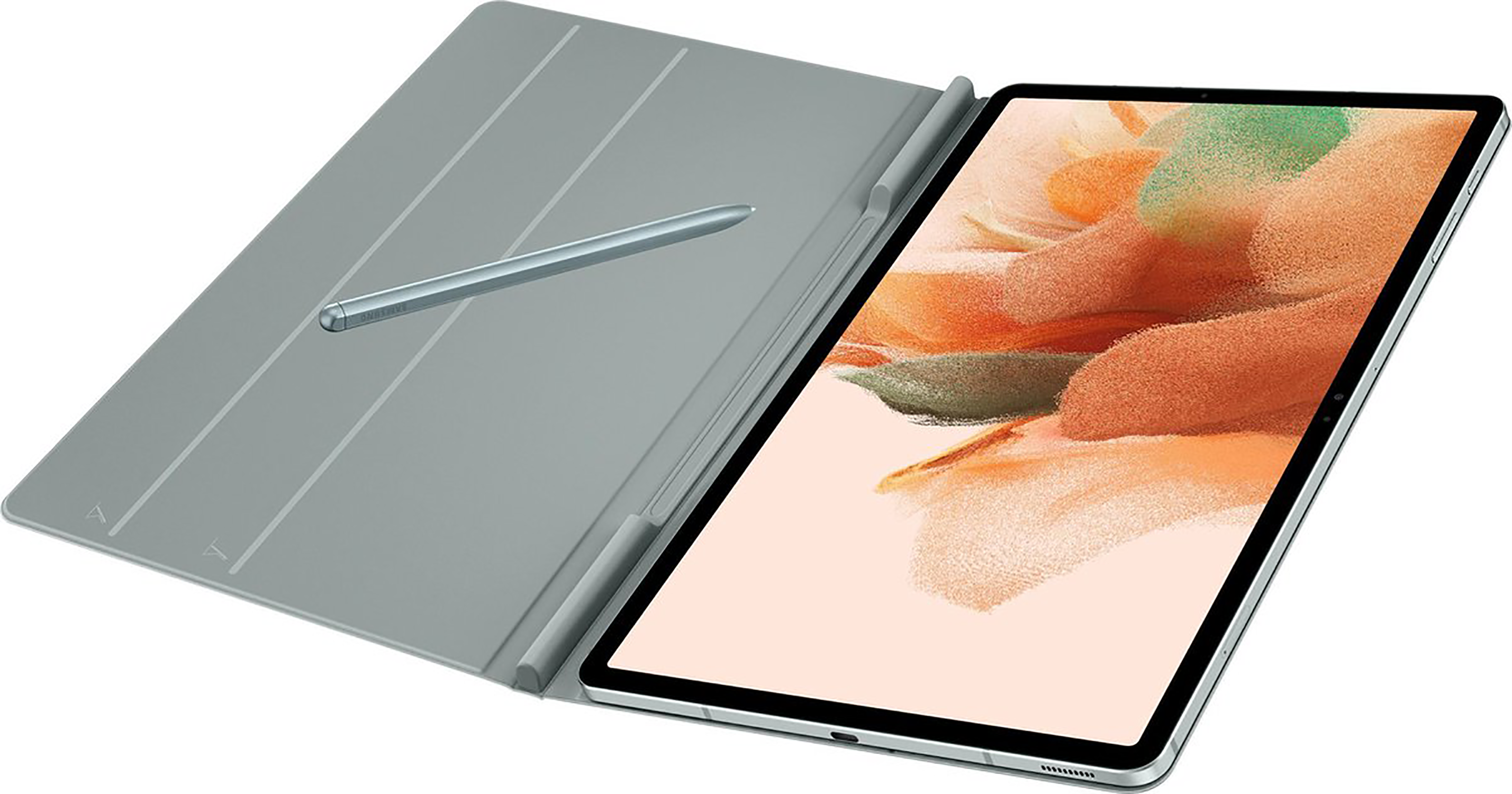 Une tablette avec stylet, ouverte sur un étui gris. L'écran affiche de l'art abstrait coloré.