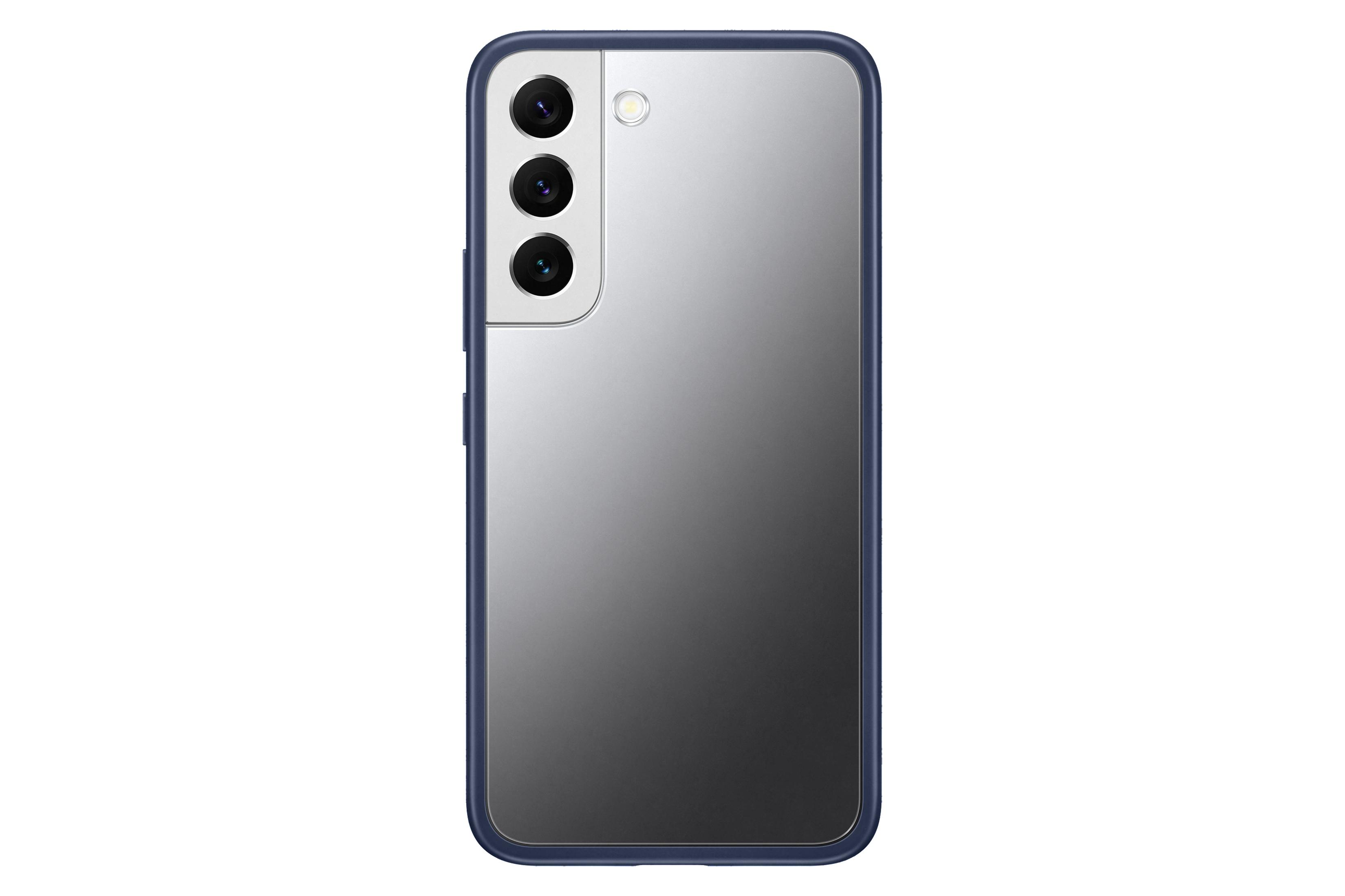 Vista posteriore dello smartphone: retro argento, tre fotocamere, flash e cornice blu scuro.