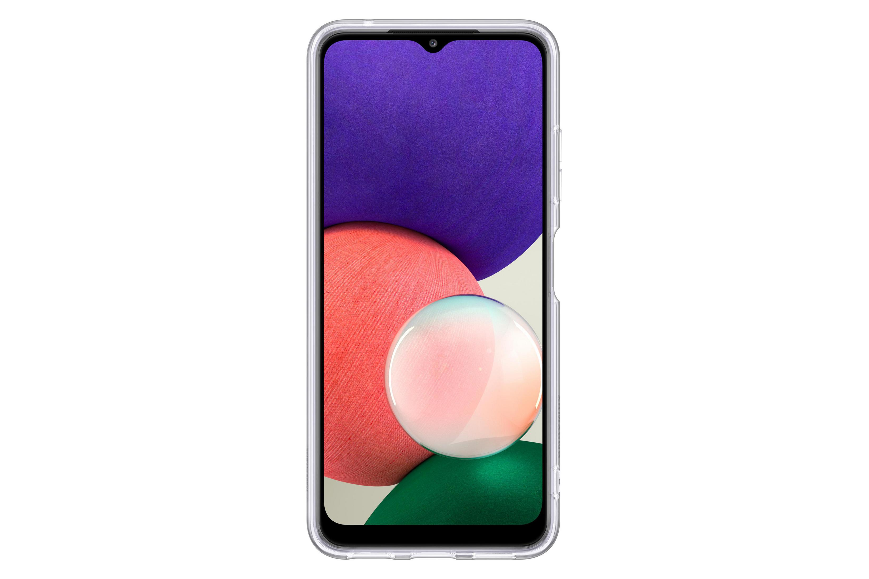 Un teléfono inteligente dentro de una funda transparente. El teléfono tiene un fondo morado y blanco. Un fondo transparente.
