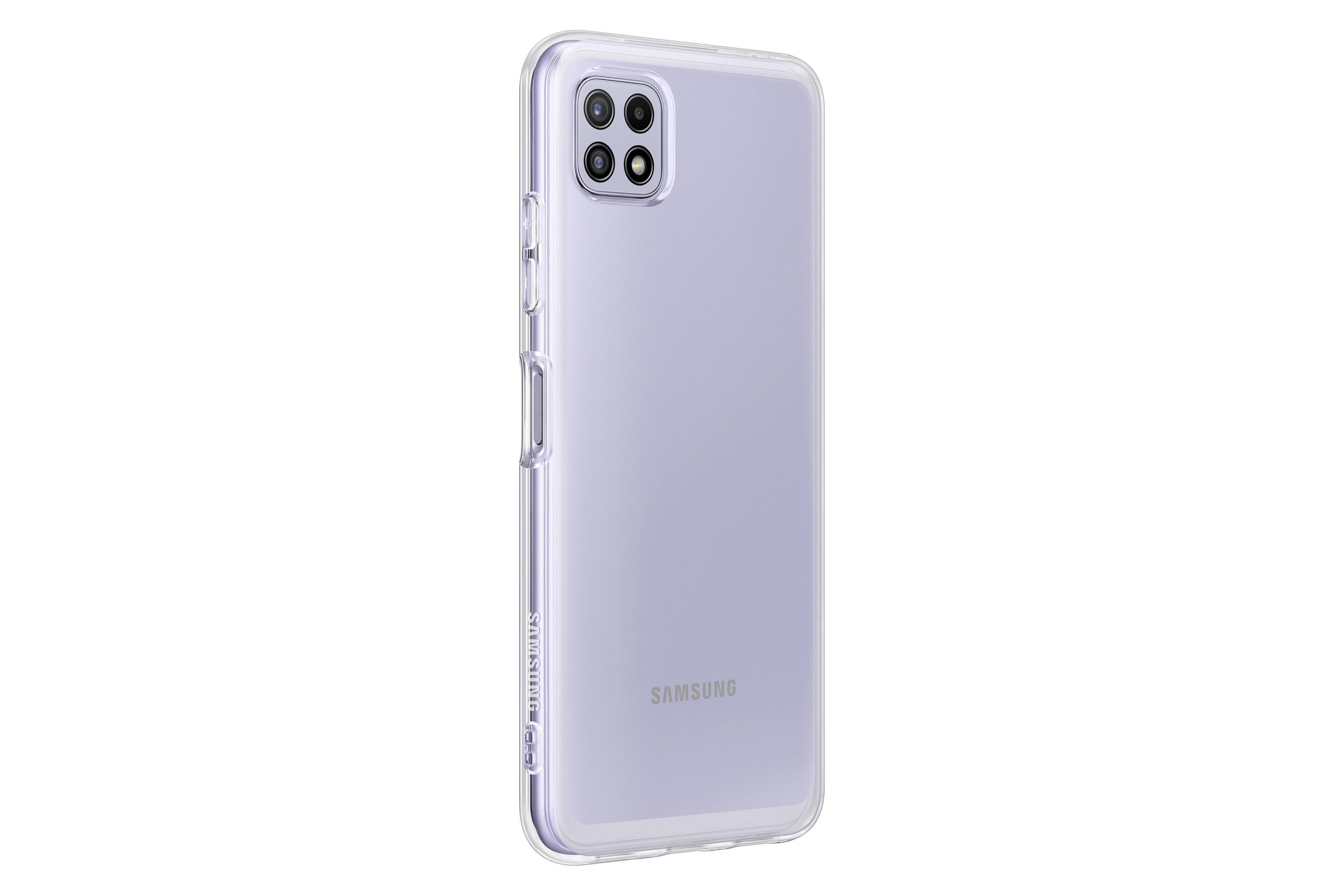 Una funda de teléfono Samsung lila con un teléfono dentro, mostrando la parte trasera con la cámara.