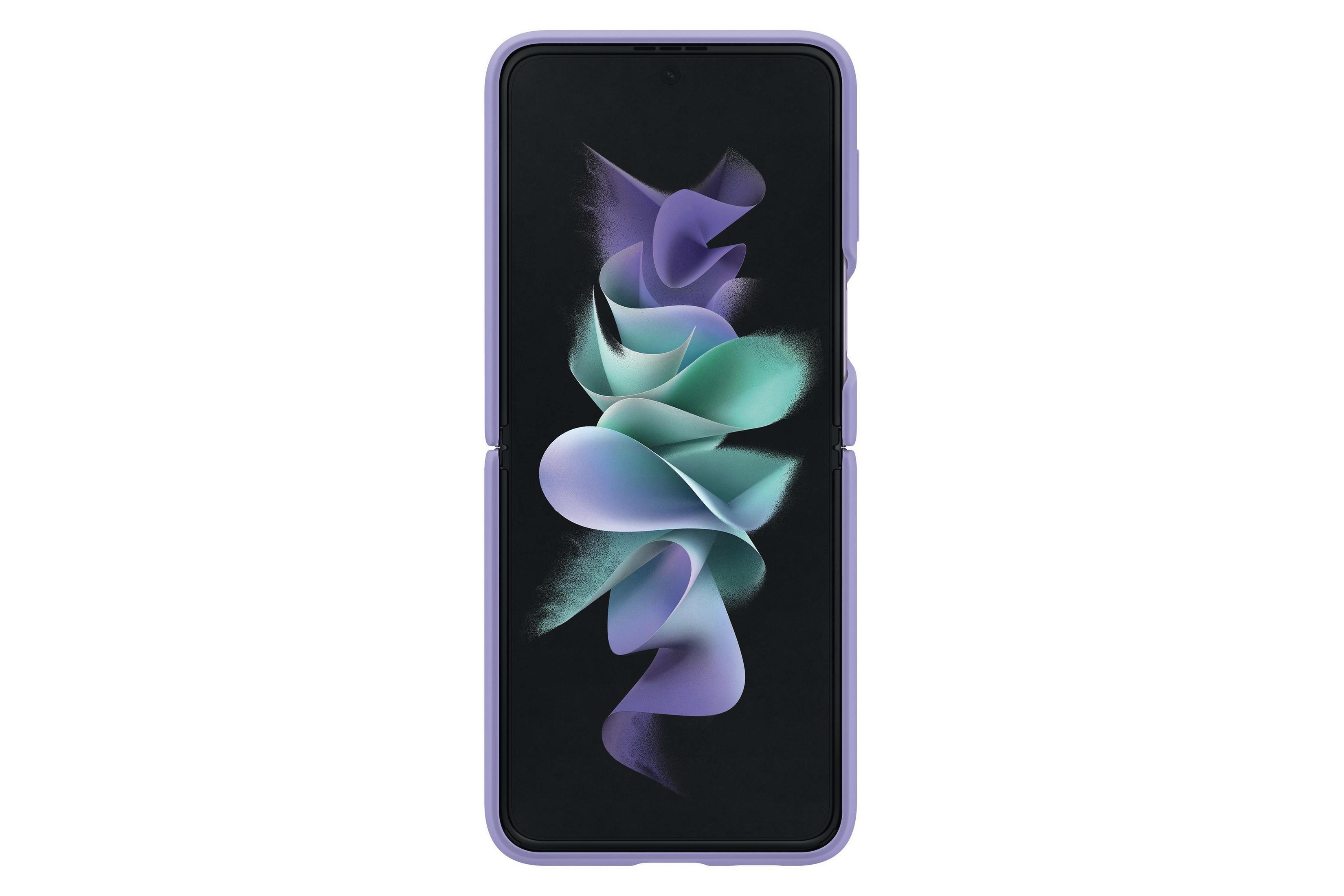 Custodia per telefono viola con un telefono piegato che mostra un design astratto colorato.