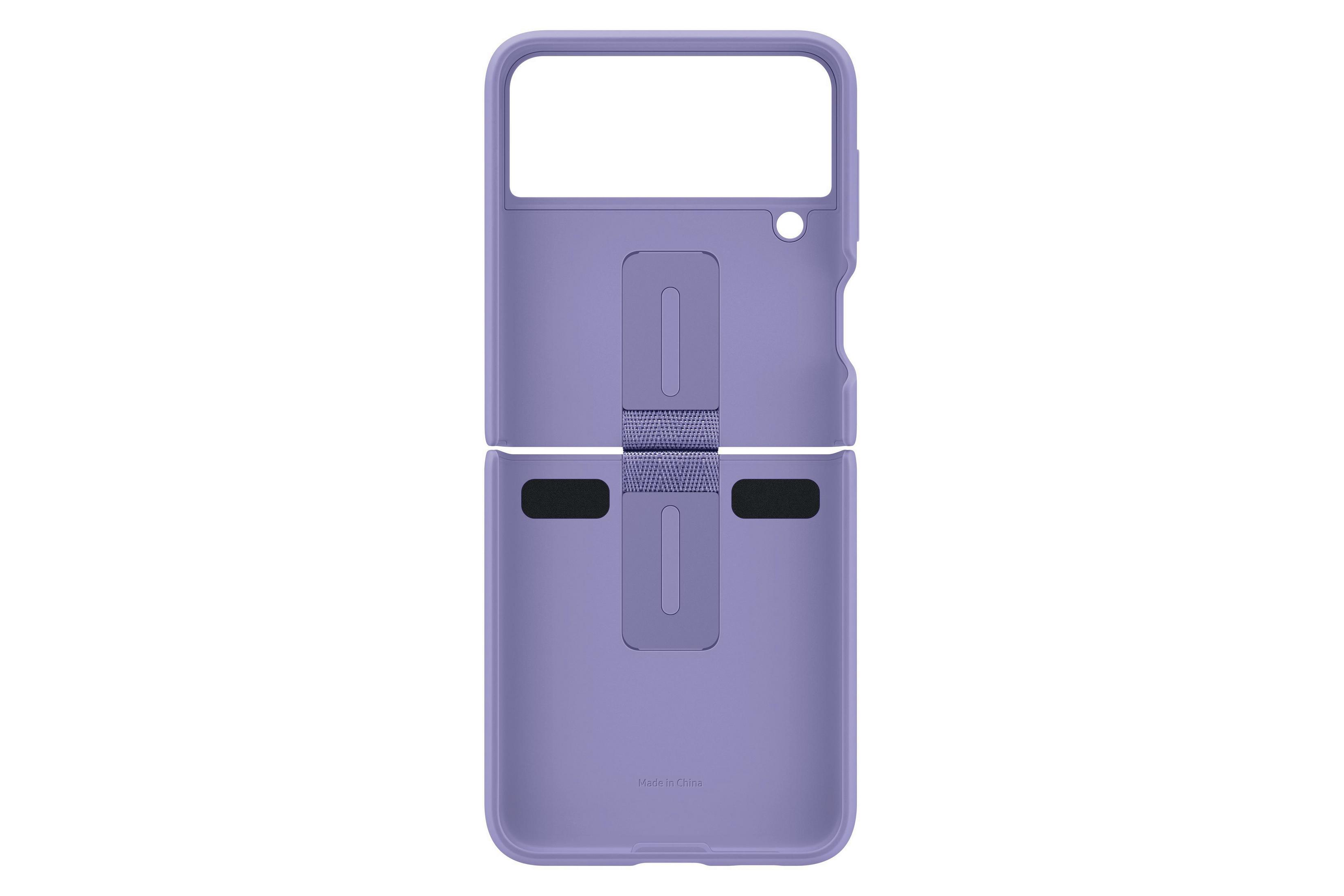 Una custodia viola per telefono Samsung, aperta, con supporto e cinturino.