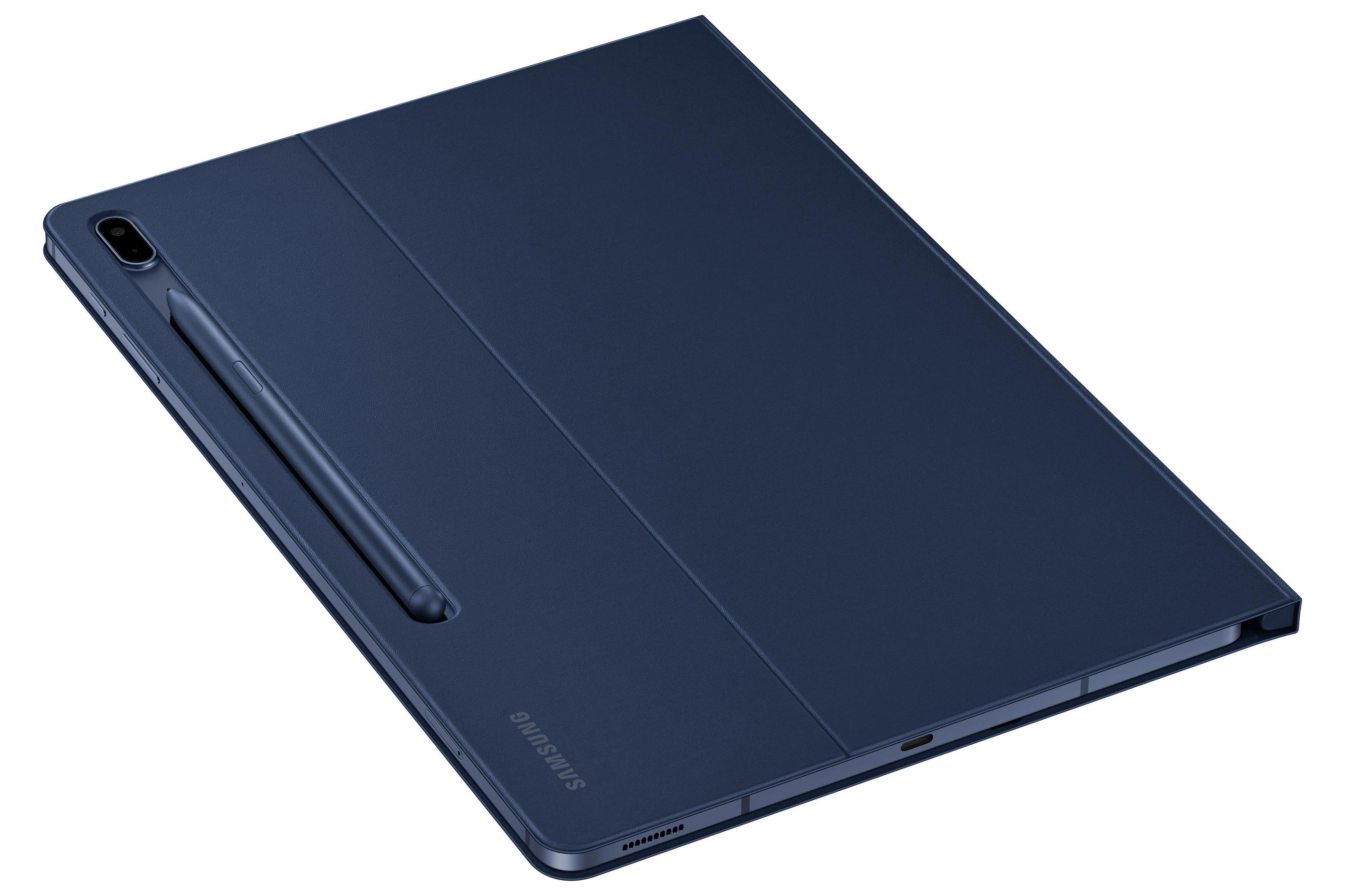 Tablet blu con penna su sfondo bianco. Logo Samsung visibile.