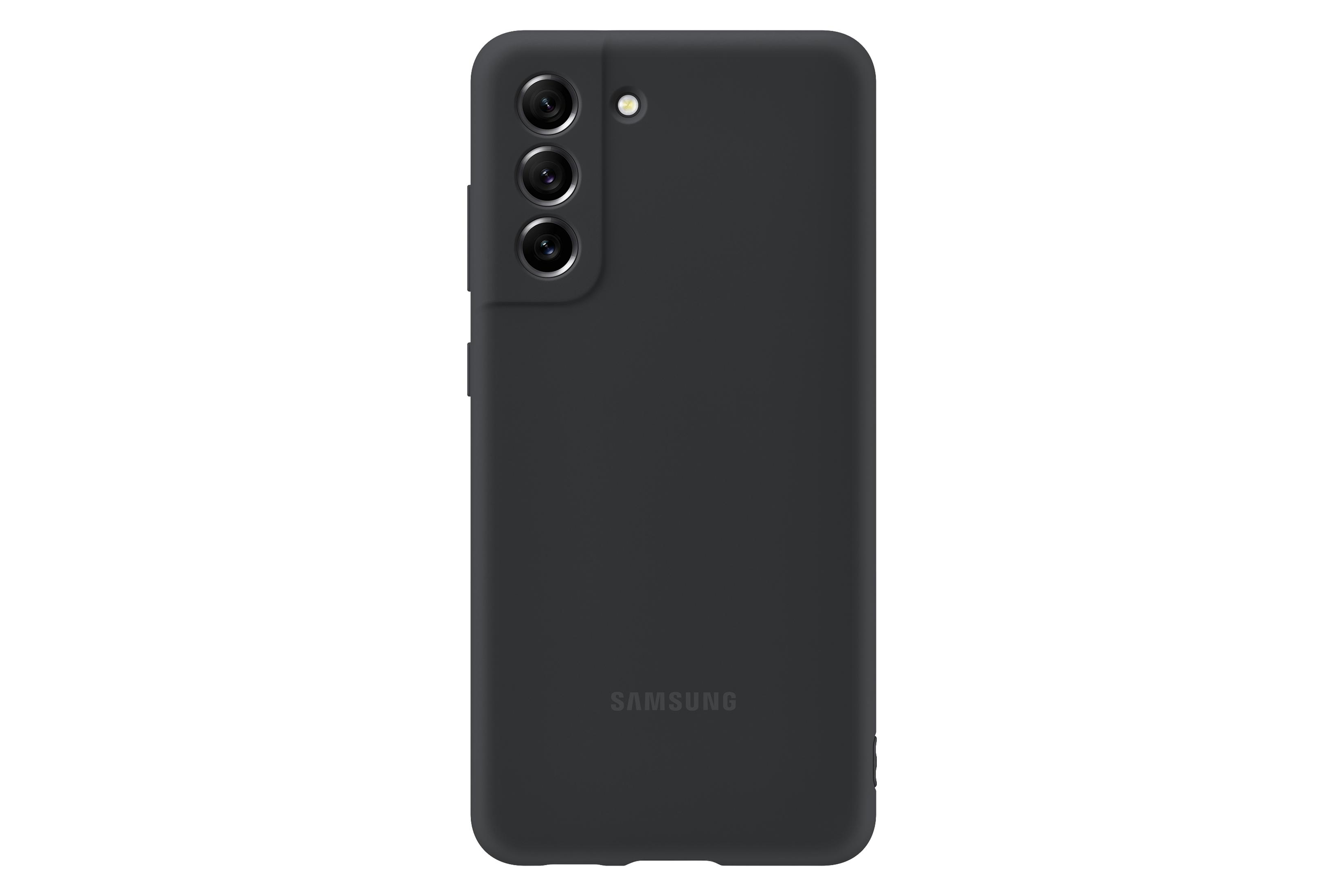Schwarze Handyhülle. Drei Kameralinsen auf der Rückseite. Text: SAMSUNG.