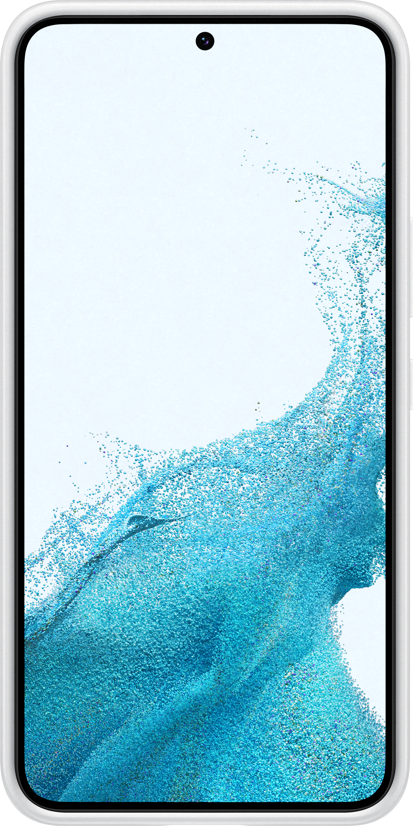 Una toma vertical de un teléfono blanco con un patrón de ondas azules en la pantalla.