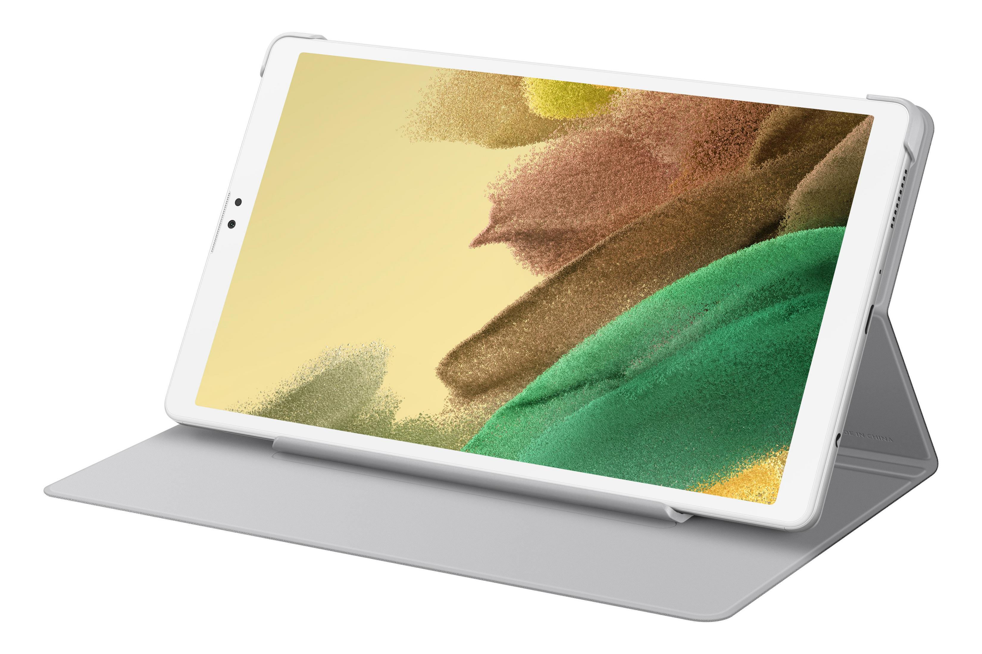 Weißes Tablet in einem grauen Gehäuse, abgewinkelt. Der Bildschirm zeigt abstrakte Kunst.