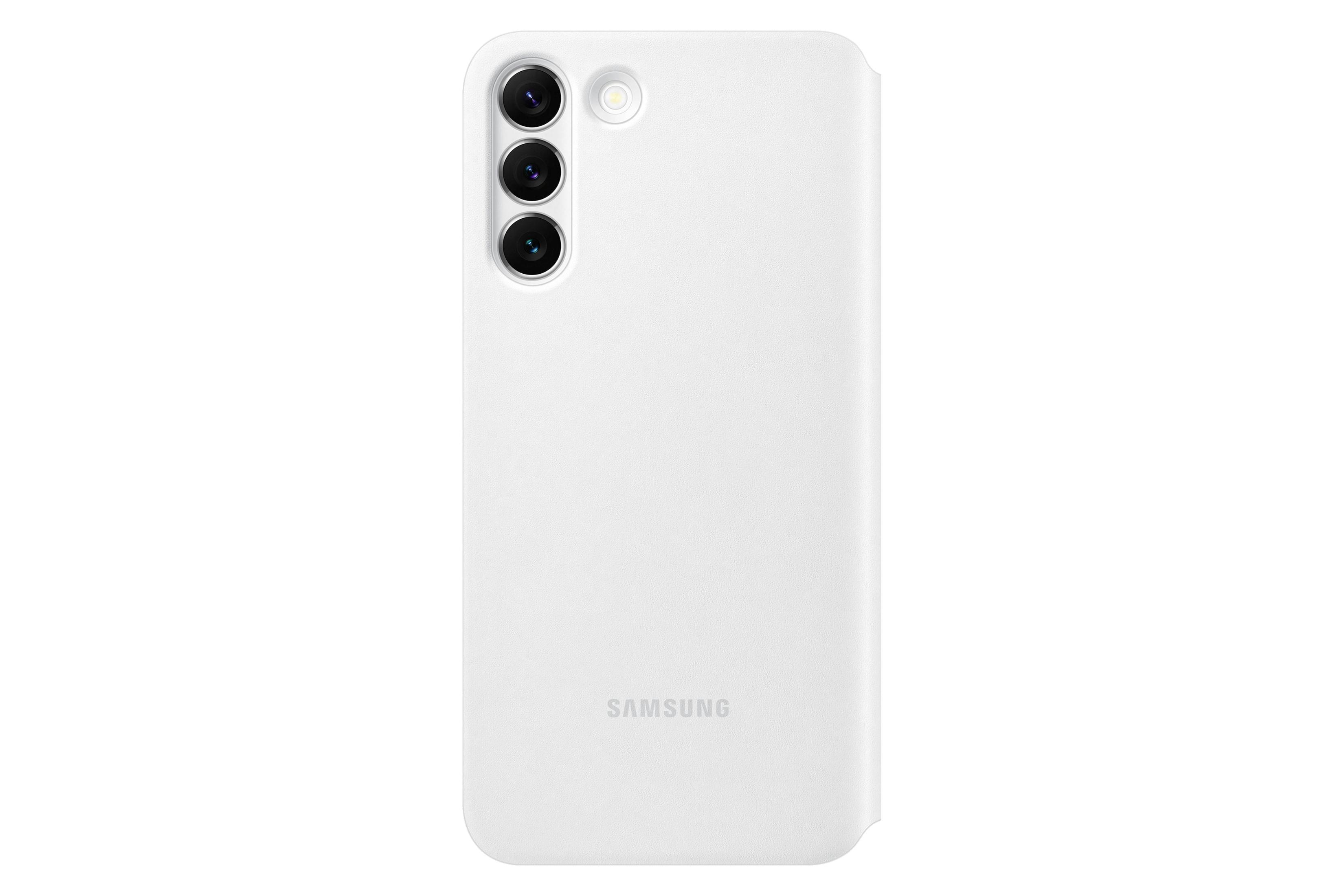 Una funda blanca para teléfono Samsung con tres lentes de cámara y el logo Samsung.