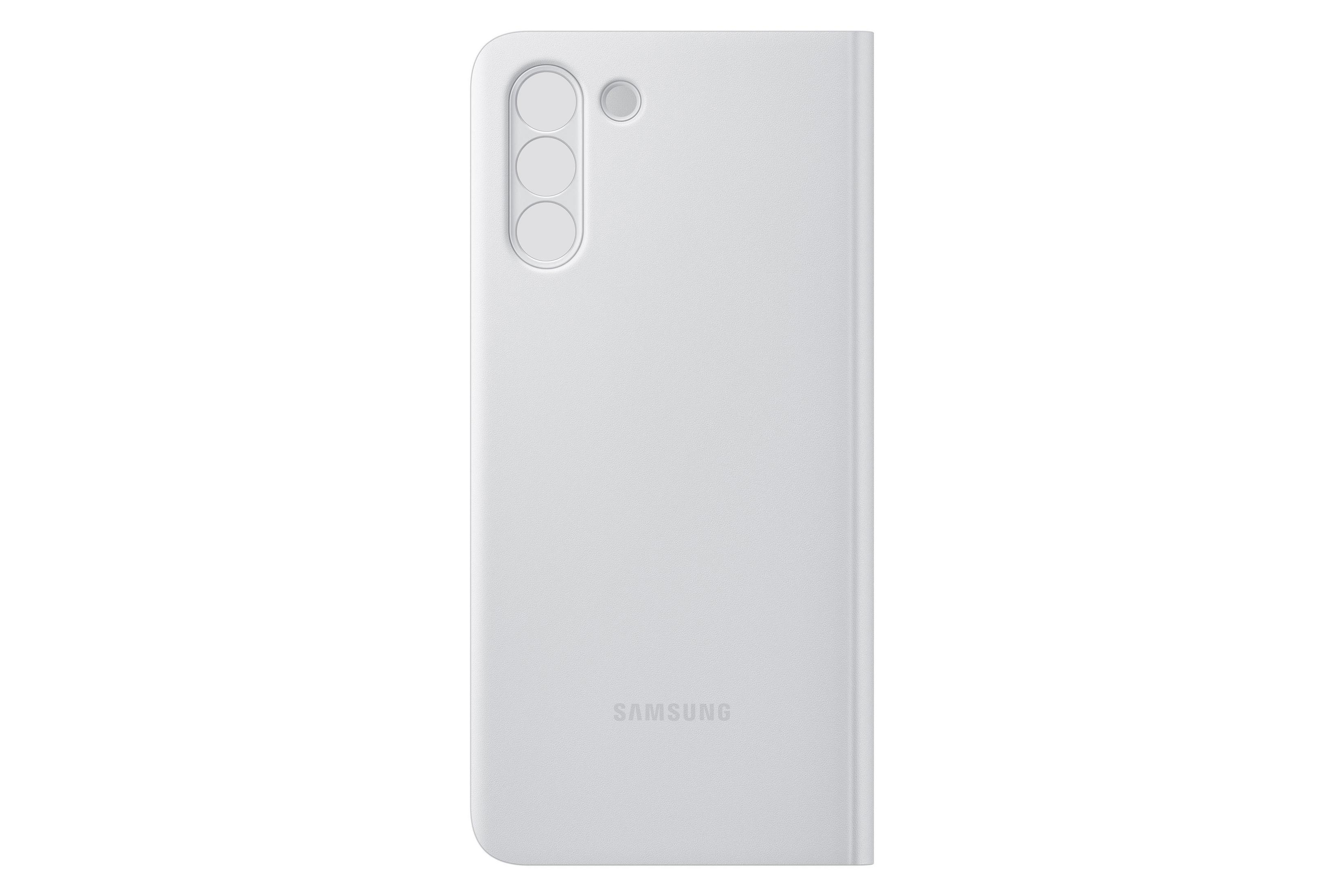 Una funda blanca para teléfono con tres orificios para la cámara y el logotipo de Samsung.
