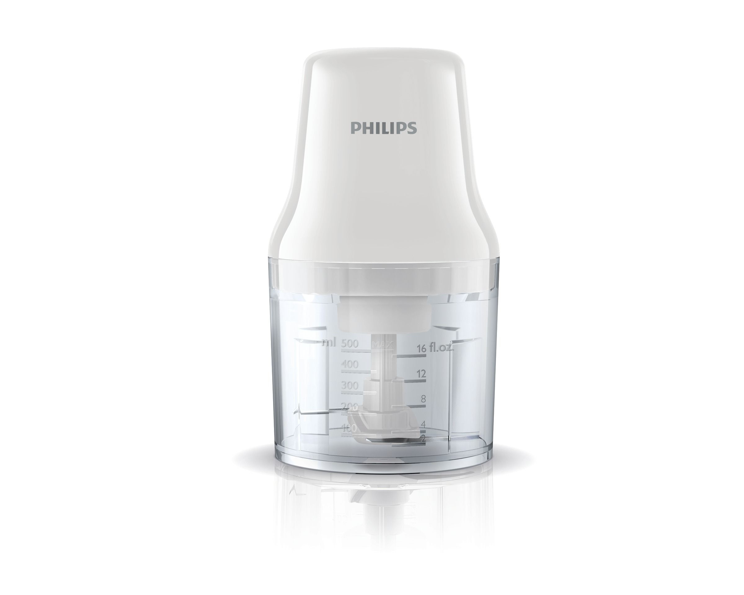 Un picador de alimentos Philips blanco y transparente. Tiene una parte superior blanca con la marca y un recipiente transparente.