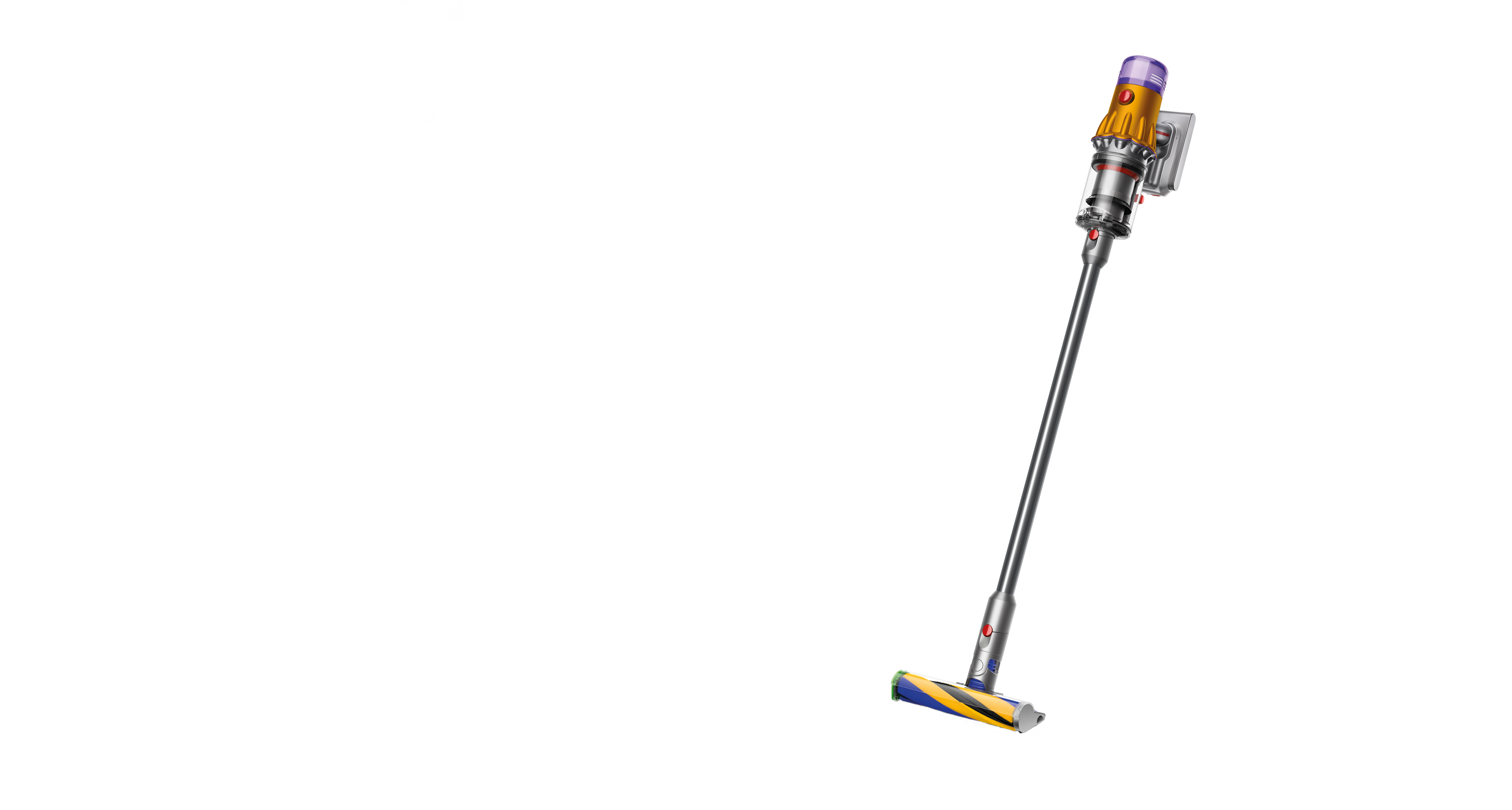 Ein Dyson Staubsauger mit gelbem und silbernem Kopf auf schwarzem Hintergrund, mit einem weißen Fleck.