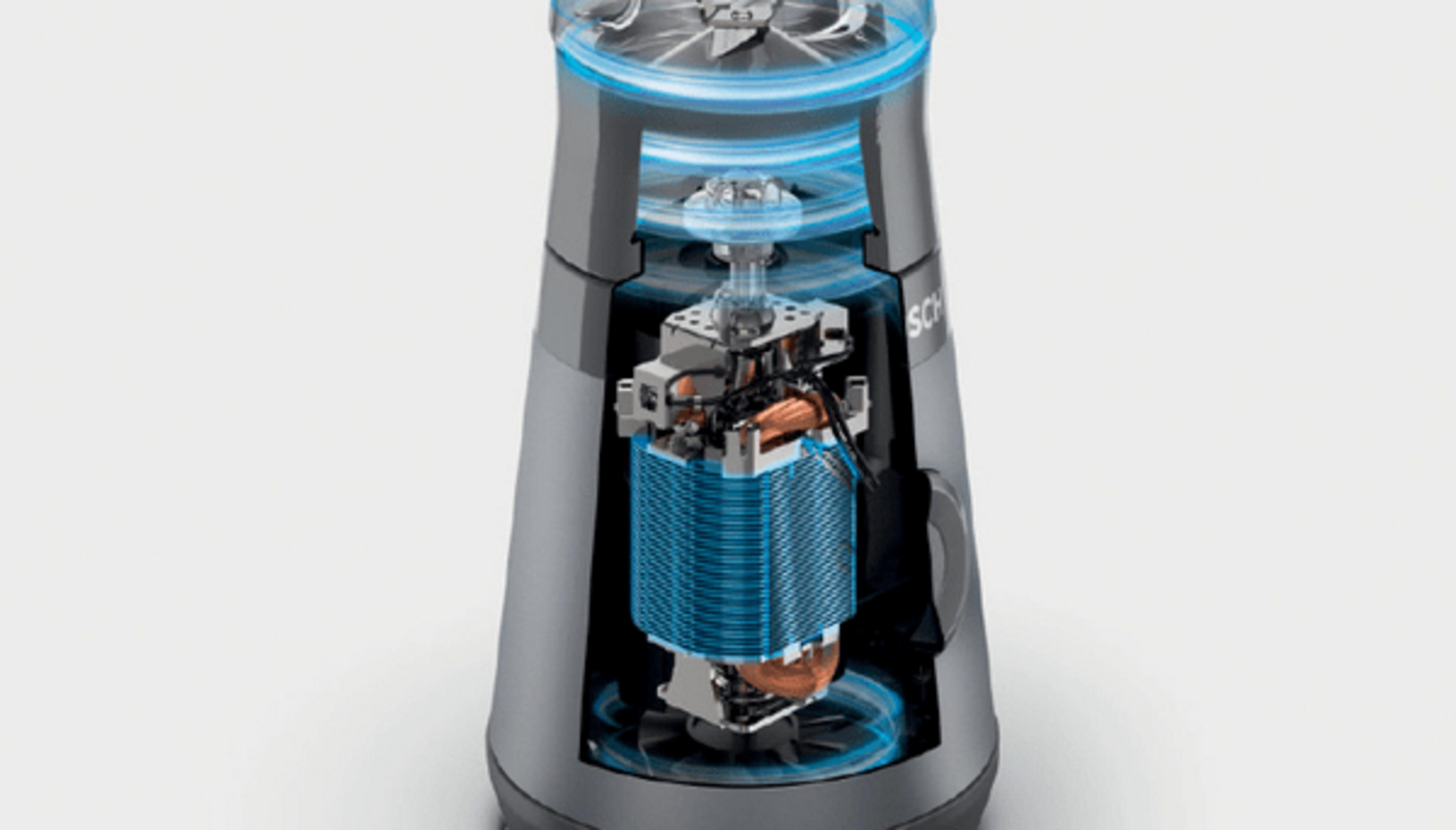 Przekrój szarego blendera, pokazujący elementy wewnętrzne i niebieskie akcenty.