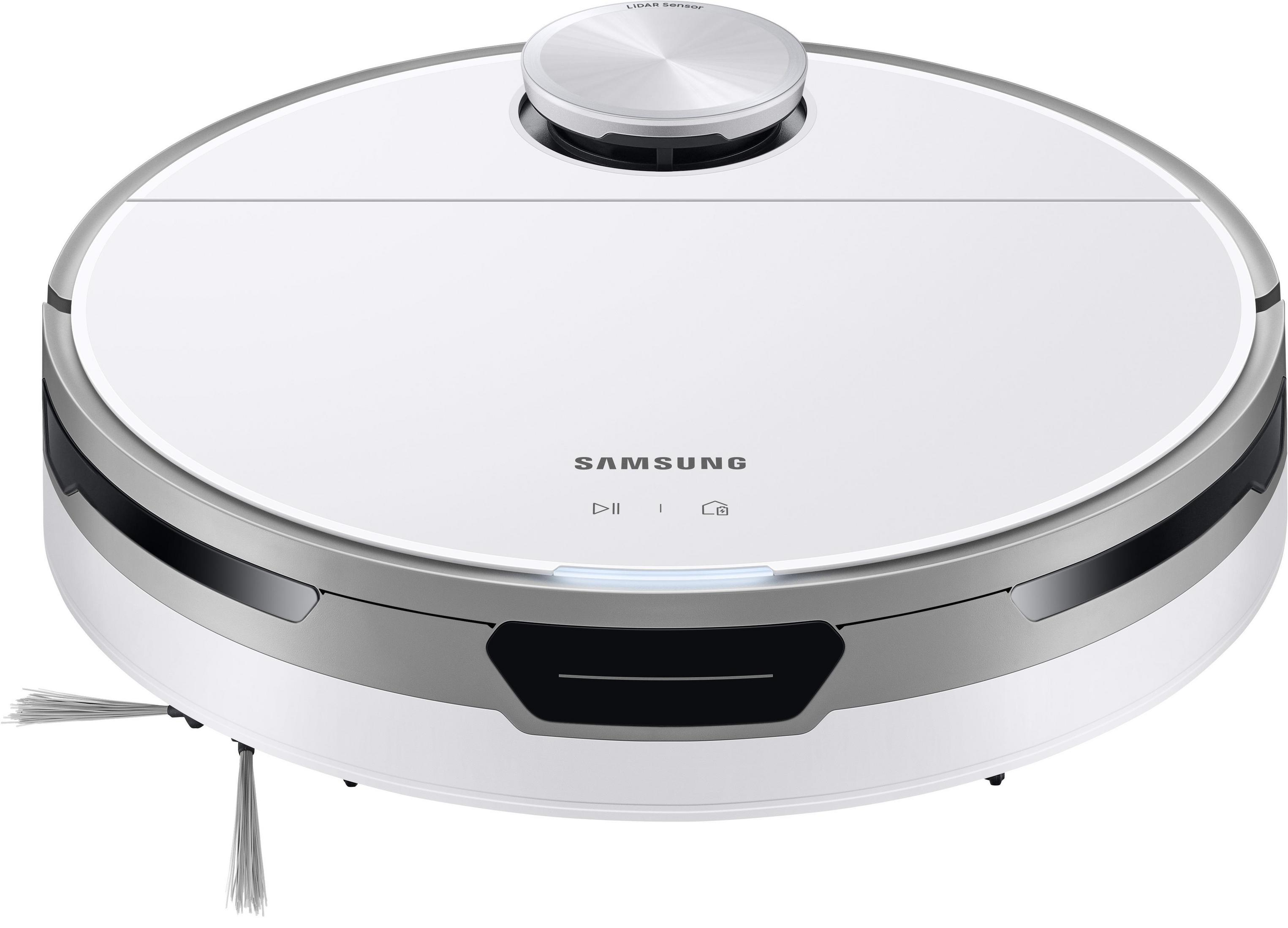 Biały i srebrny robot odkurzający. Widok z góry z logo SAMSUNG.