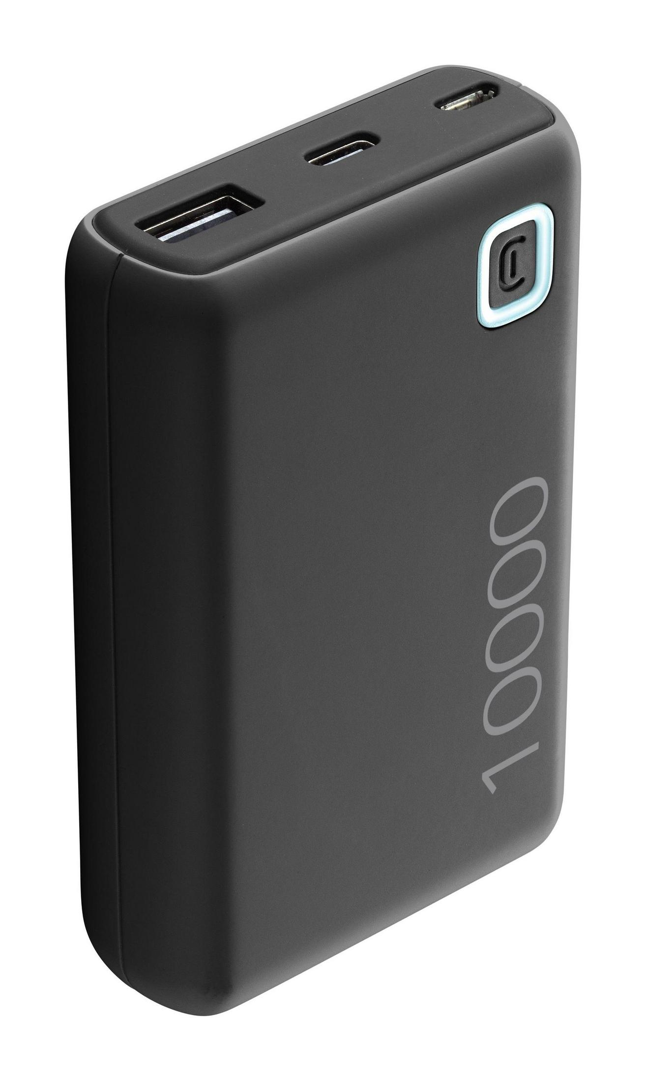 Schwarze Powerbank mit USB-Anschlüssen und Text '10000'. Der Hintergrund ist weiß.
