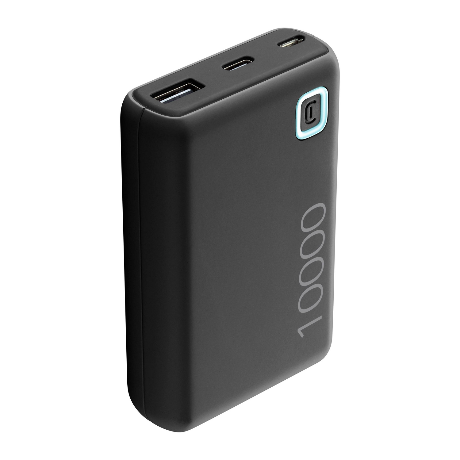Schwarze Powerbank. Sie hat eine abgerundete Rechteckform mit der Zahl 10000 auf der Seite.