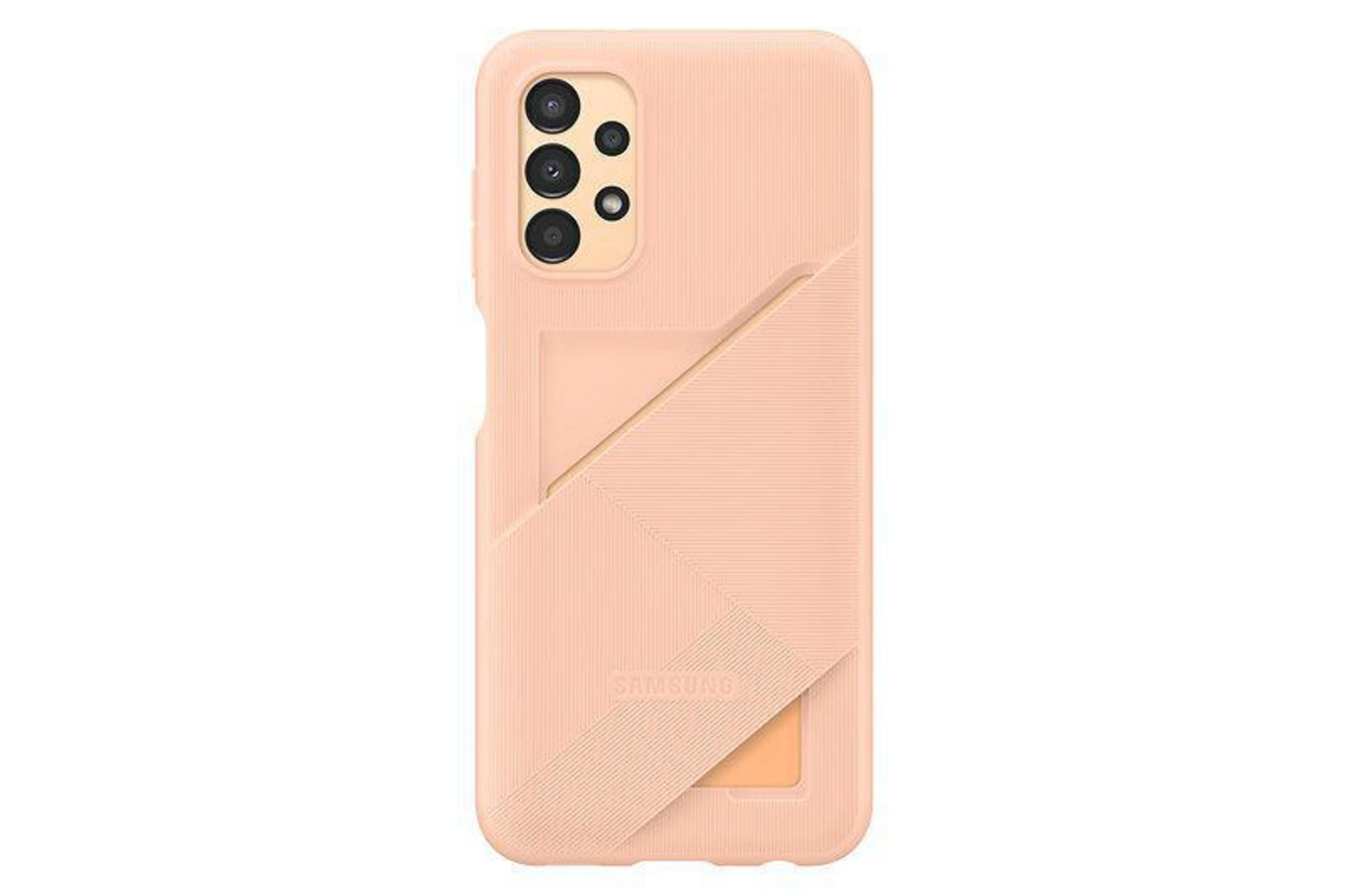 Una funda de teléfono melocotón claro con tarjetero, con el logo de Samsung.