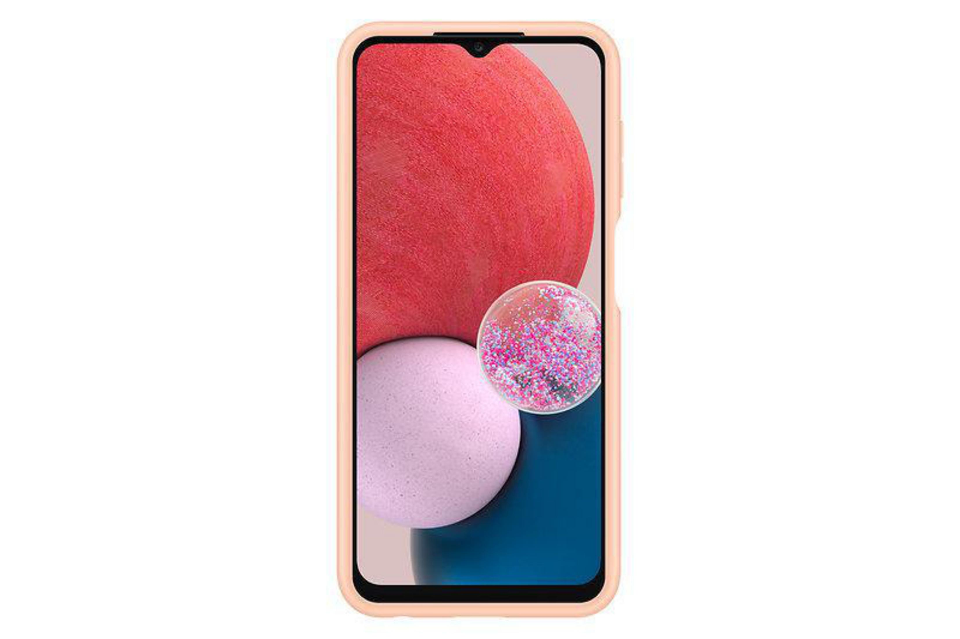 Una funda de teléfono color melocotón con un teléfono dentro. El teléfono muestra un diseño abstracto rosa y azul.