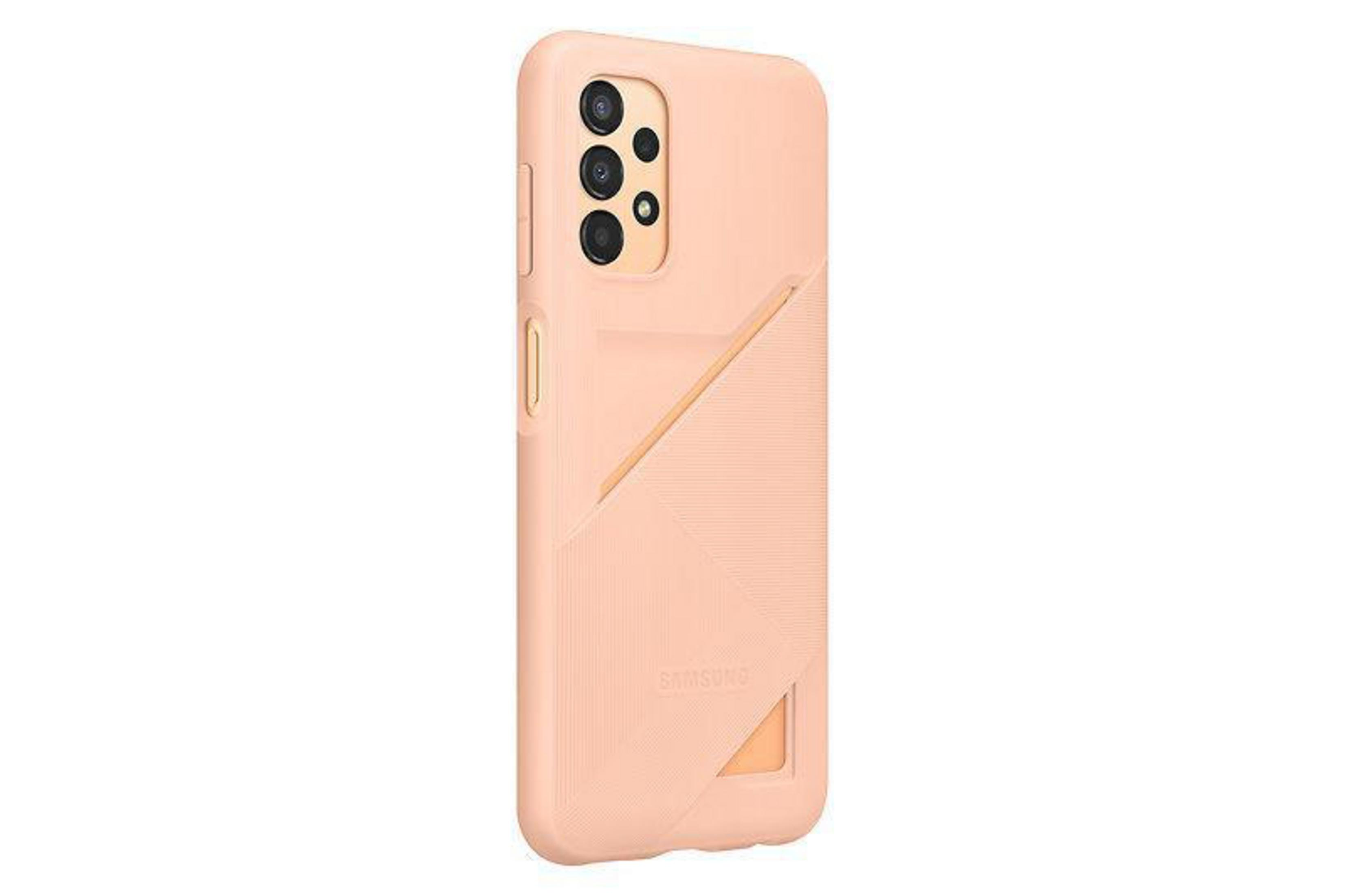 Funda melocotón con bolsillo para tarjetas en la parte trasera. Logo Samsung visible. Diseño elegante.