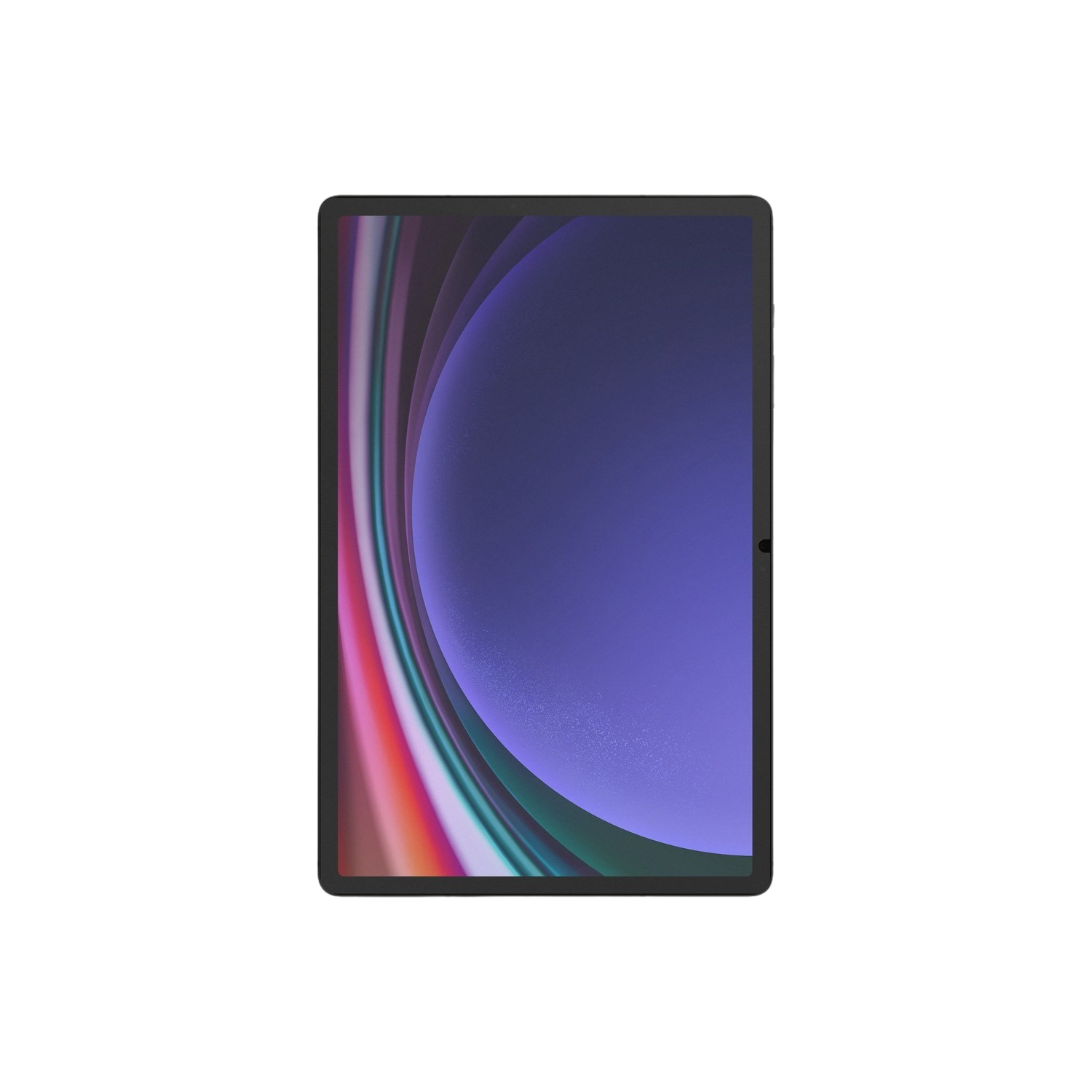 Tablet con schermo colorato, bordo nero, posizionato su una superficie nera.