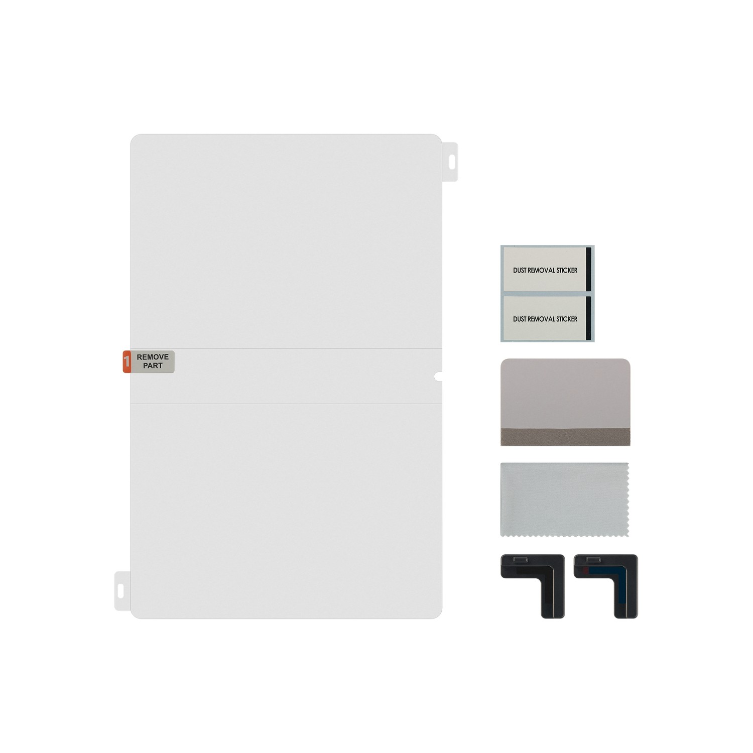 Kit protezione schermo bianco con vari accessori. Adesivi e panni per la pulizia. Sfondo bianco.