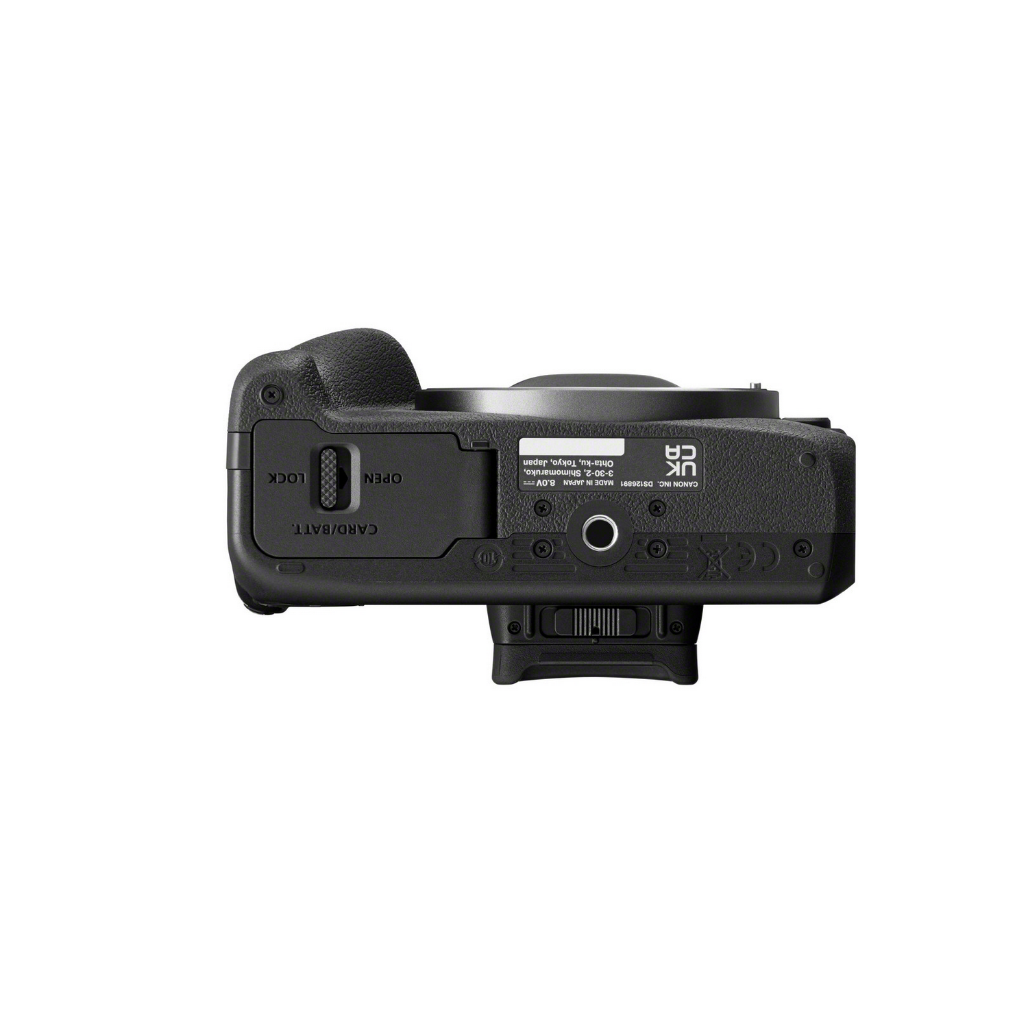 Vista superior de una cámara negra. La cámara tiene varios botones y una montura de lente, sobre un fondo blanco.