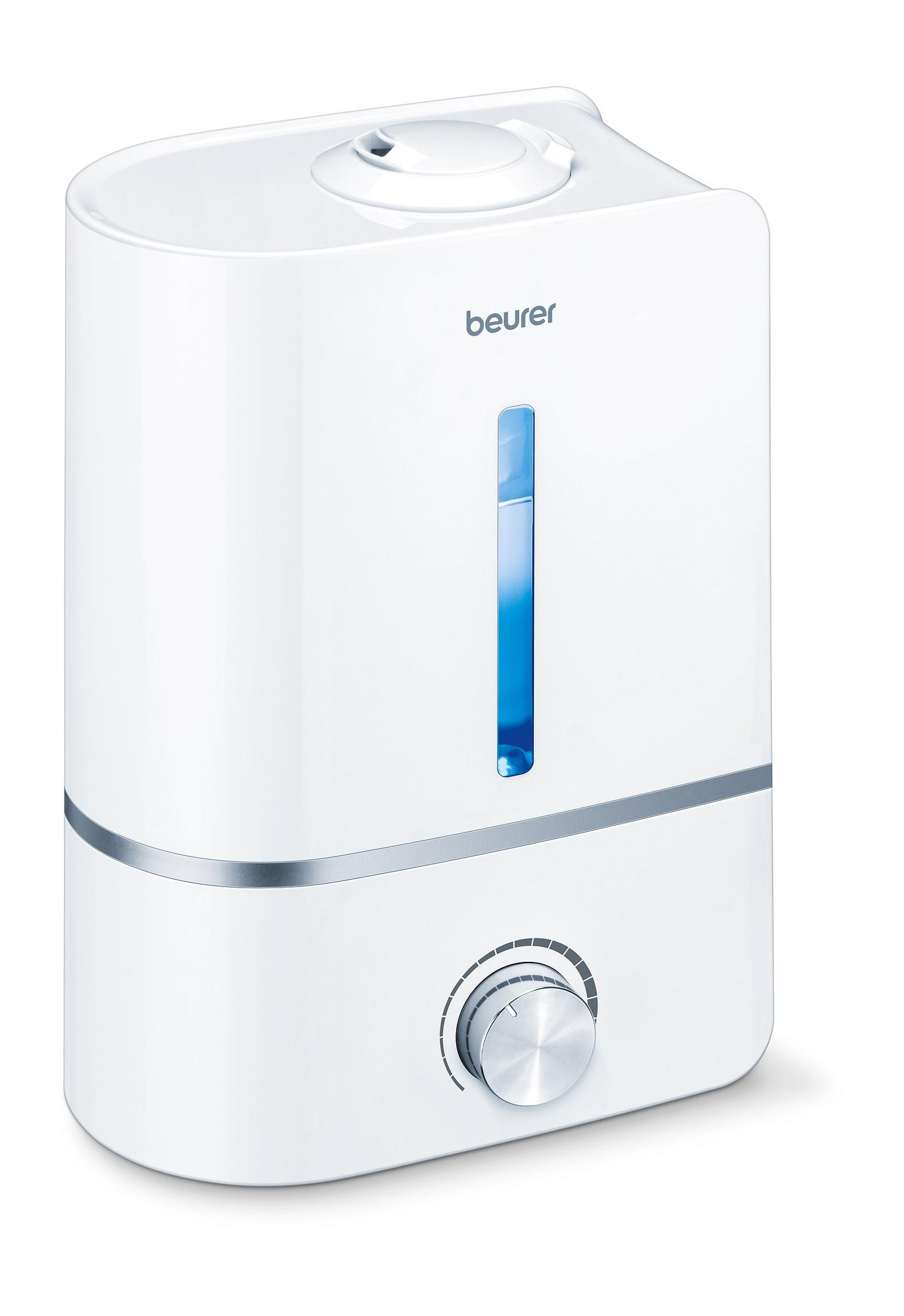 Umidificatore Beurer bianco. Ha un indicatore luminoso blu e un quadrante per regolare le impostazioni.