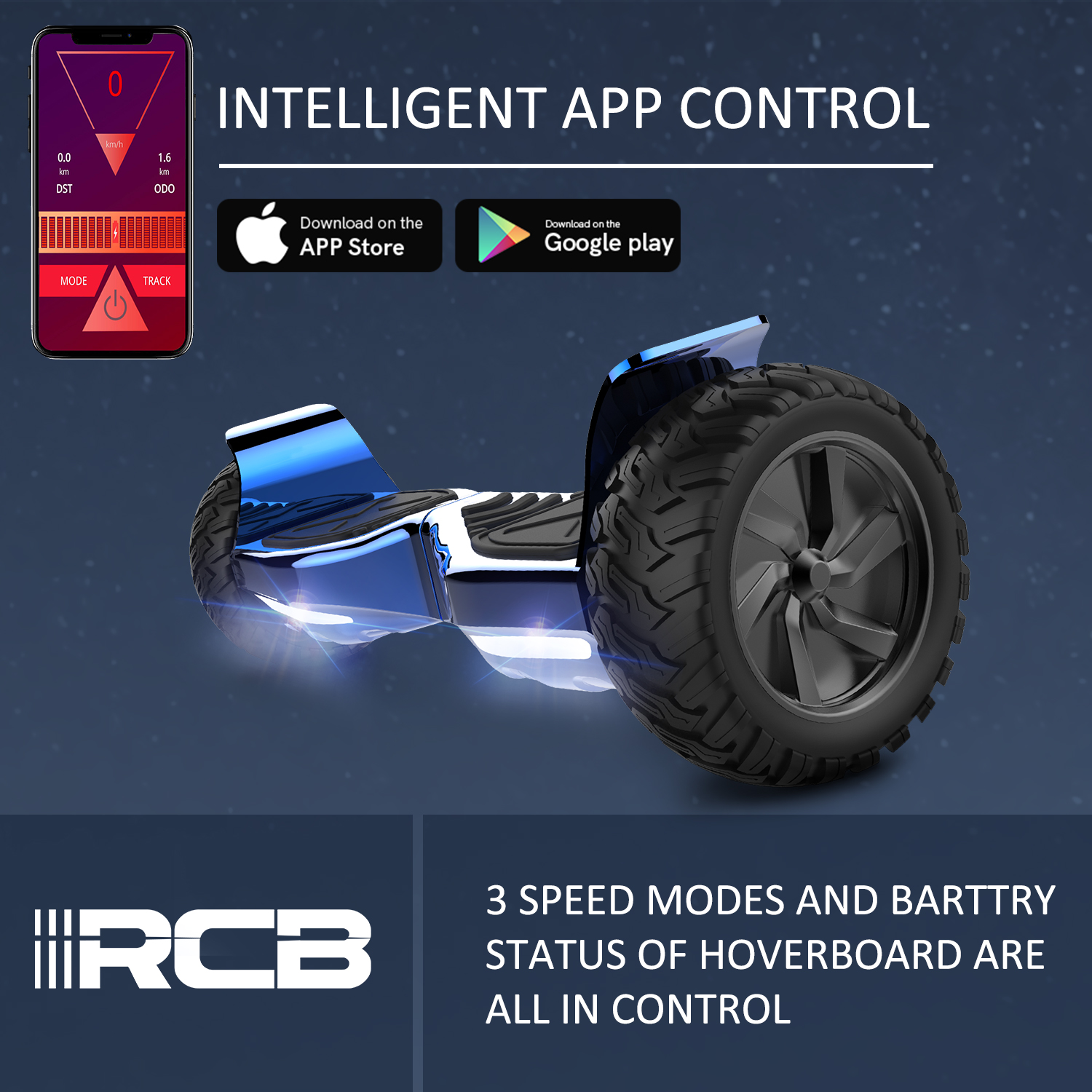 Blaues Hoverboard mit großen Reifen und einem App-Bildschirm, Text: 'Intelligente App-Steuerung'.