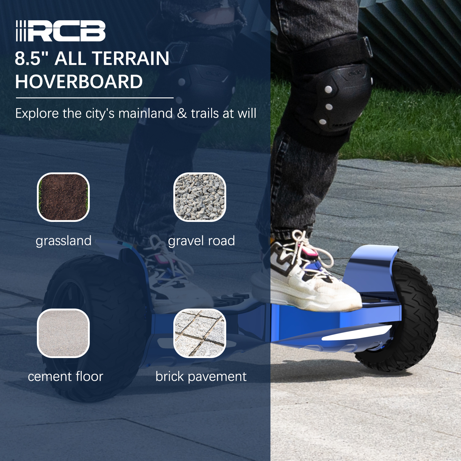 Person auf blauem Hoverboard auf befestigter Fläche. Vier Bodenarten: Gras, Kies, Zement, Ziegel.