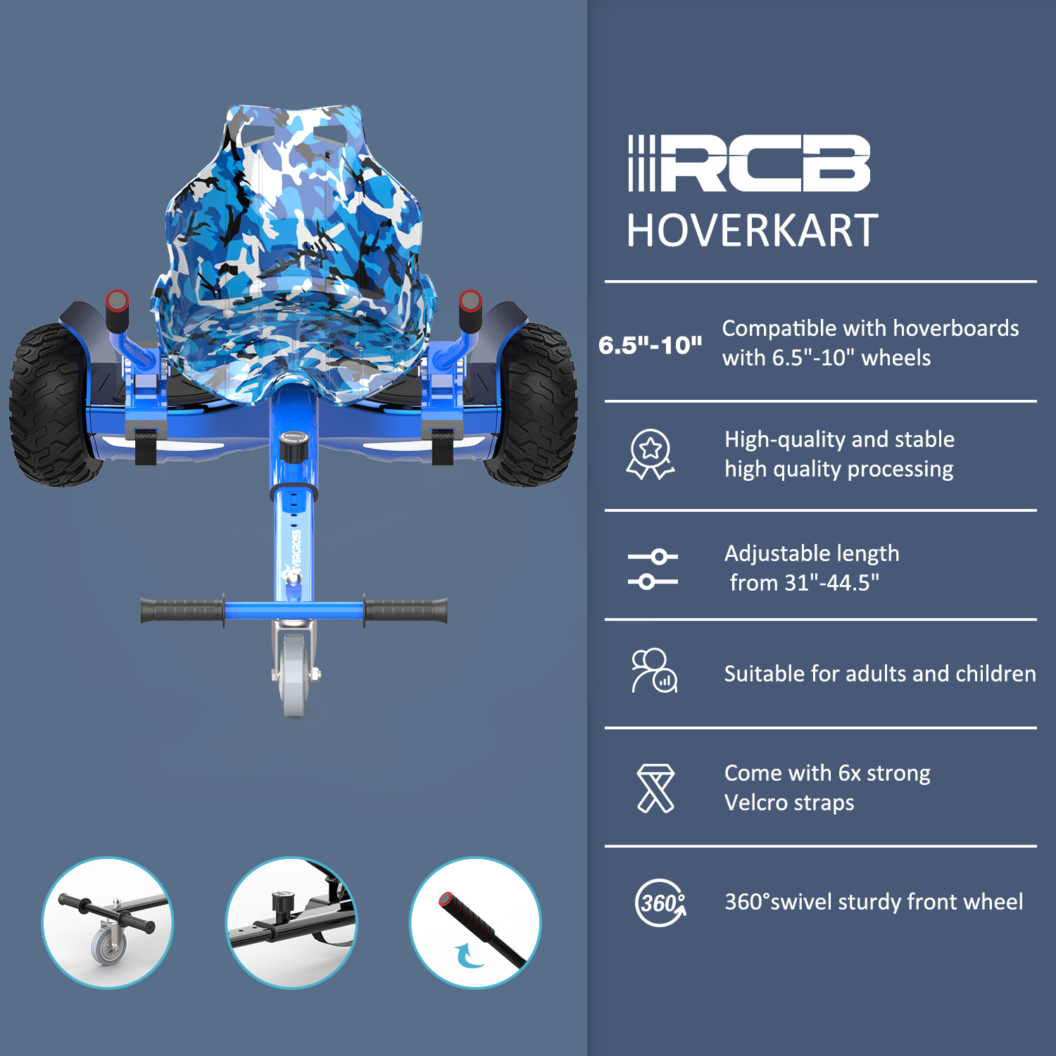 Blauer Hoverkart mit Tarnsitz und Beschreibung mit Funktionen.