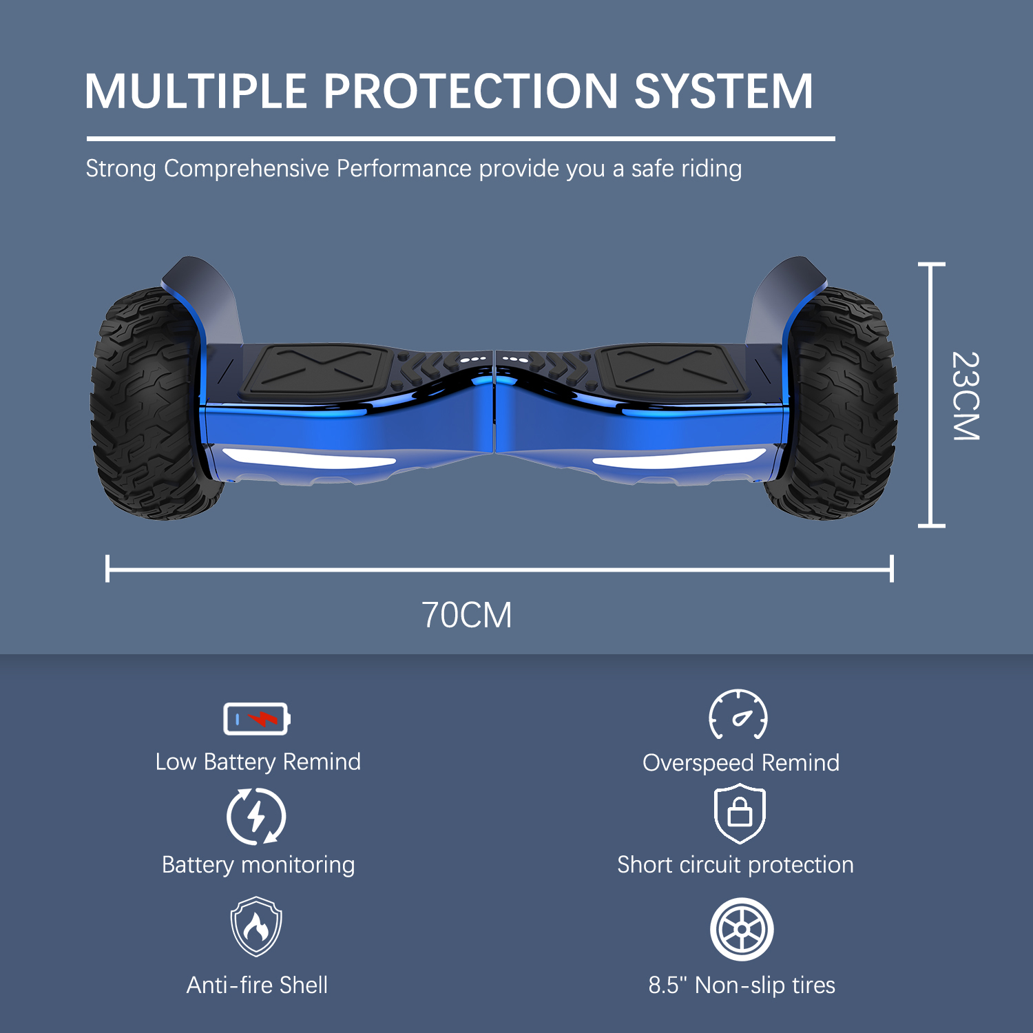 Blaues Hoverboard mit schwarzen Reifen. Das Bild hat Text über Funktionen.