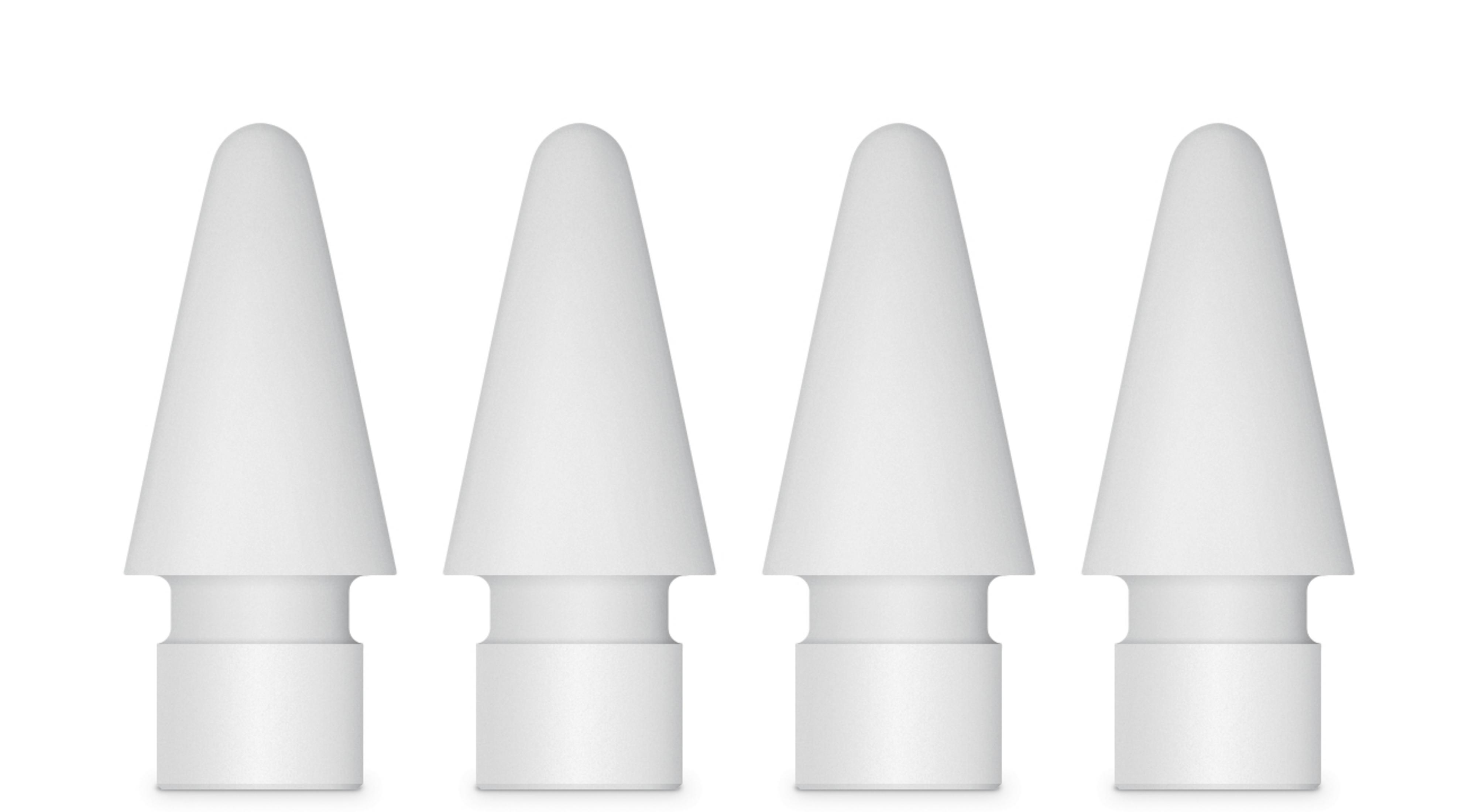 Cztery białe końcówki ołówka w rzędzie. Mają kształt stożka. Białe tło.