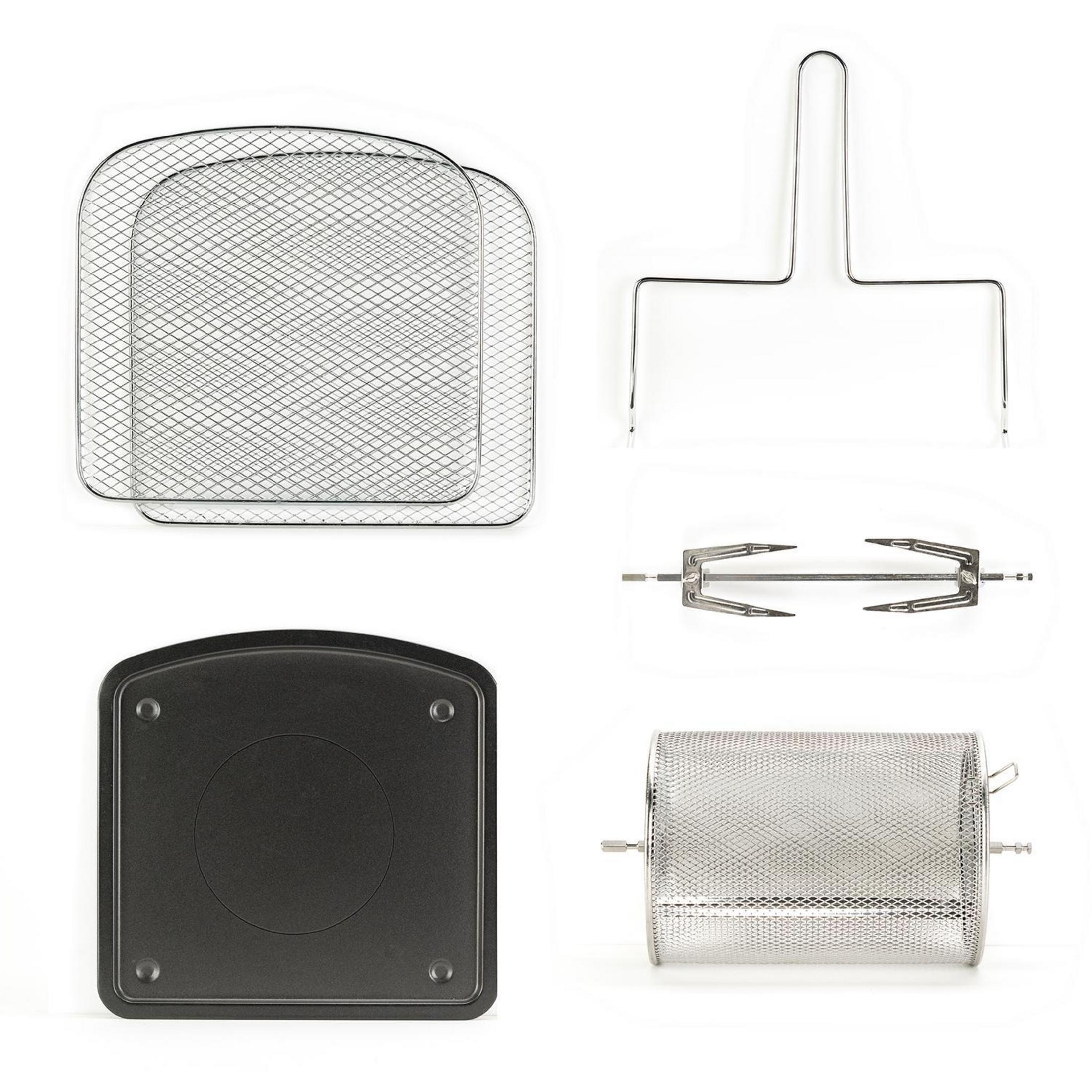 Zestaw akcesoriów do frytkownicy powietrznej, w tym tace, uchwyt, rożen i podstawa.