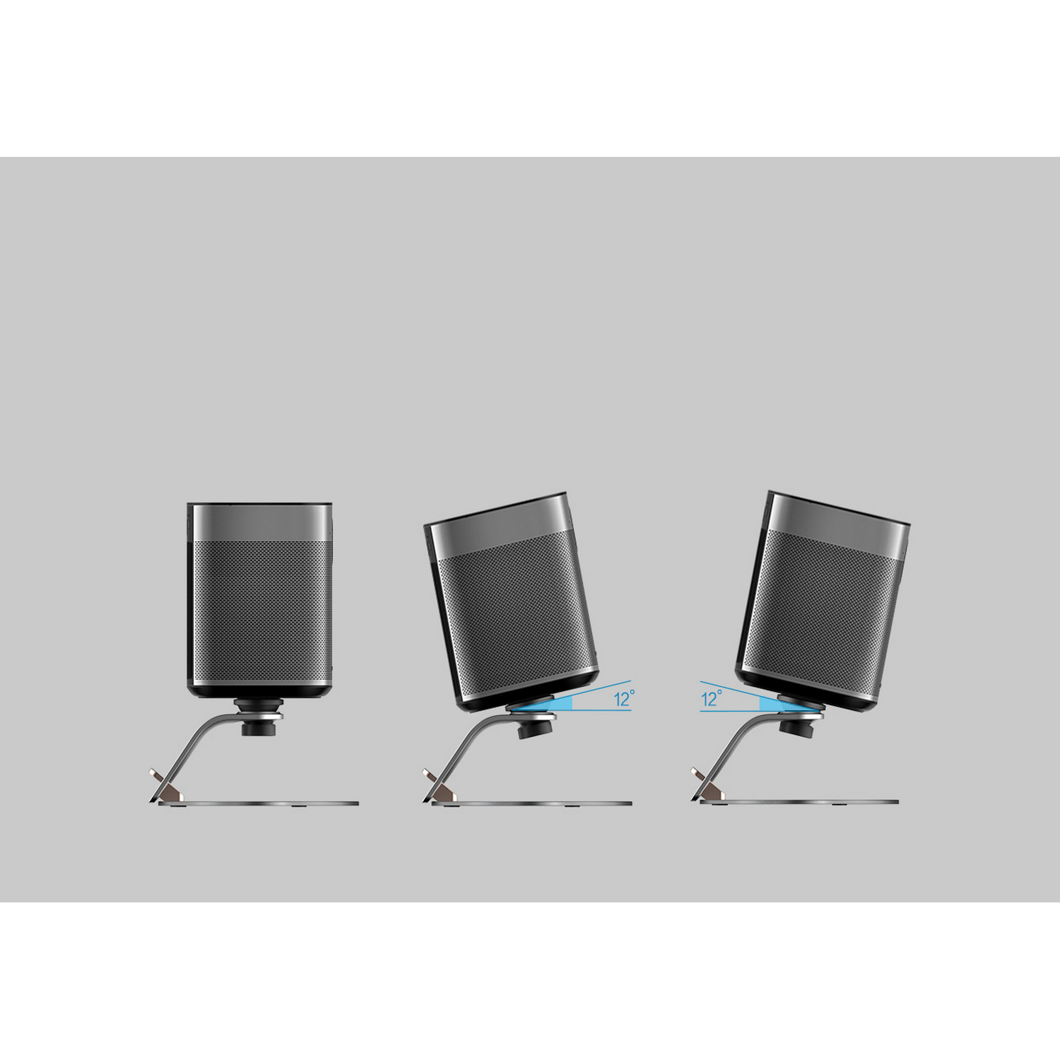 Trzy szare głośniki na stojakach, pochylone pod kątem 12 stopni, na szarym tle.