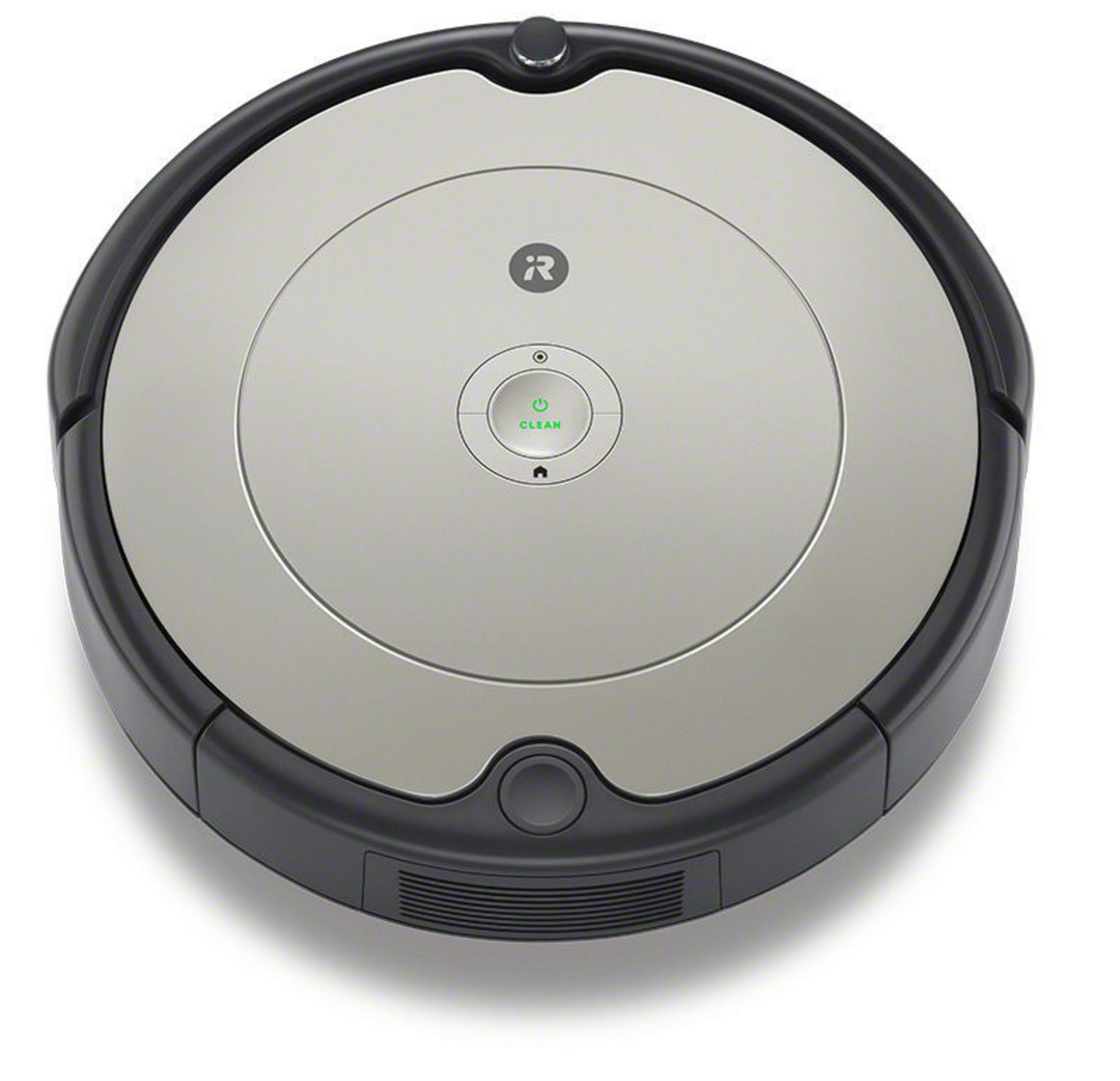 Runder grauer Roboter-Staubsauger mit schwarzem Rand.