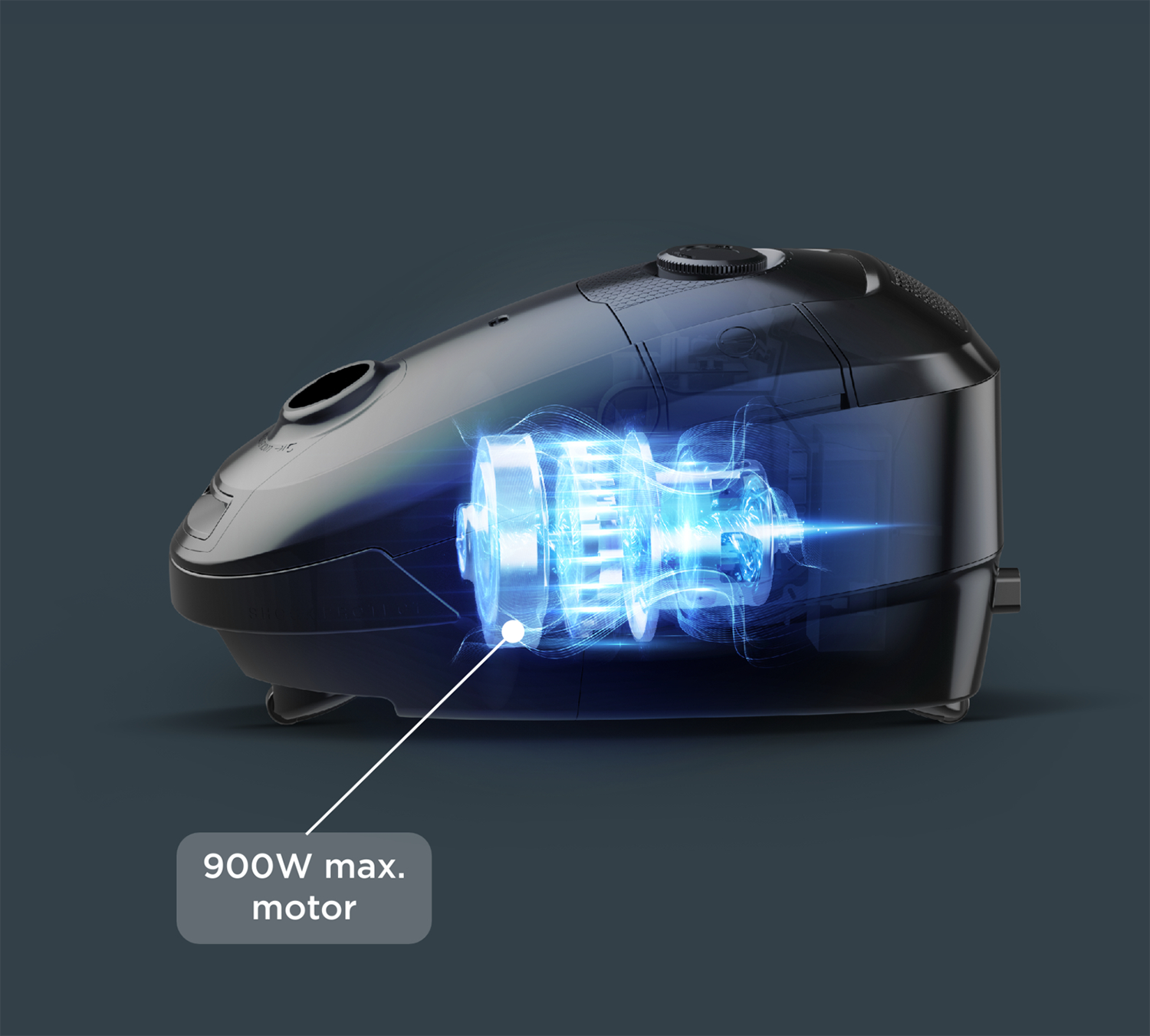 Odkurzacz z niebieskim, świecącym silnikiem i tekstem: 900W max. silnik.