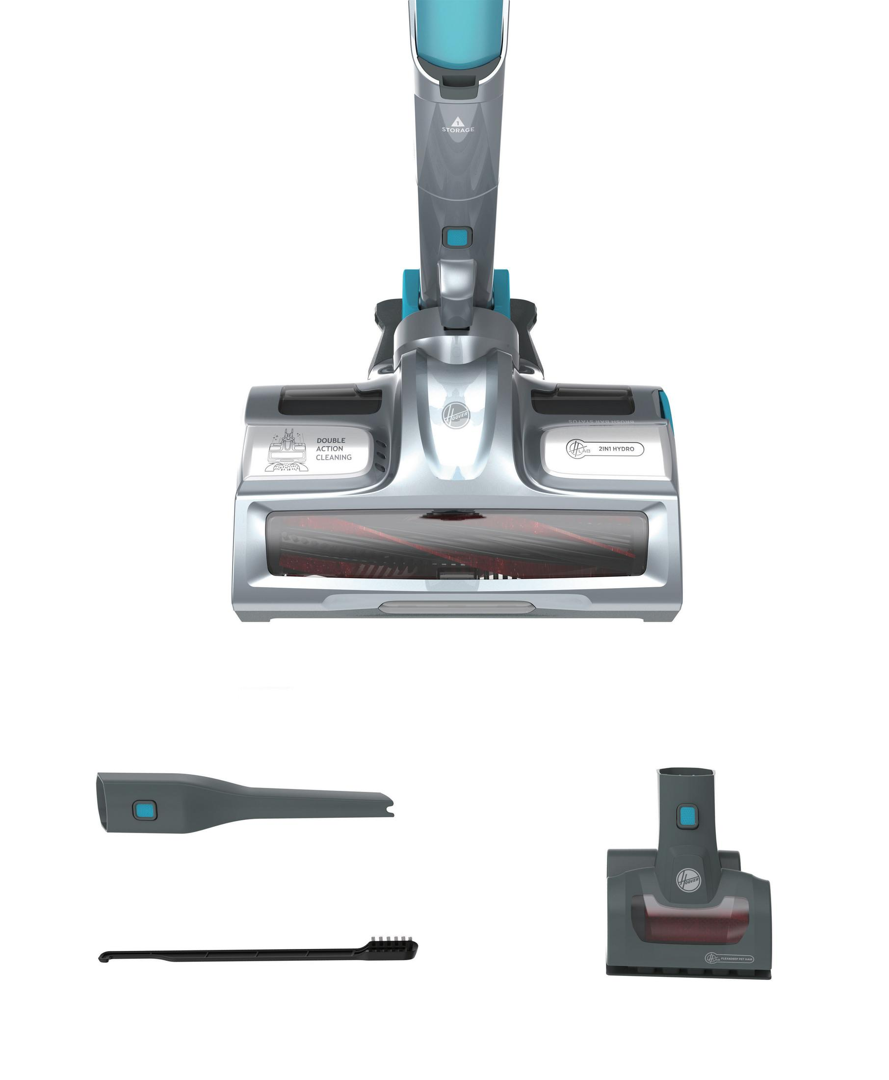 Części odkurzacza Hoover, widok z góry. Srebrny i niebieski. Białe tło.