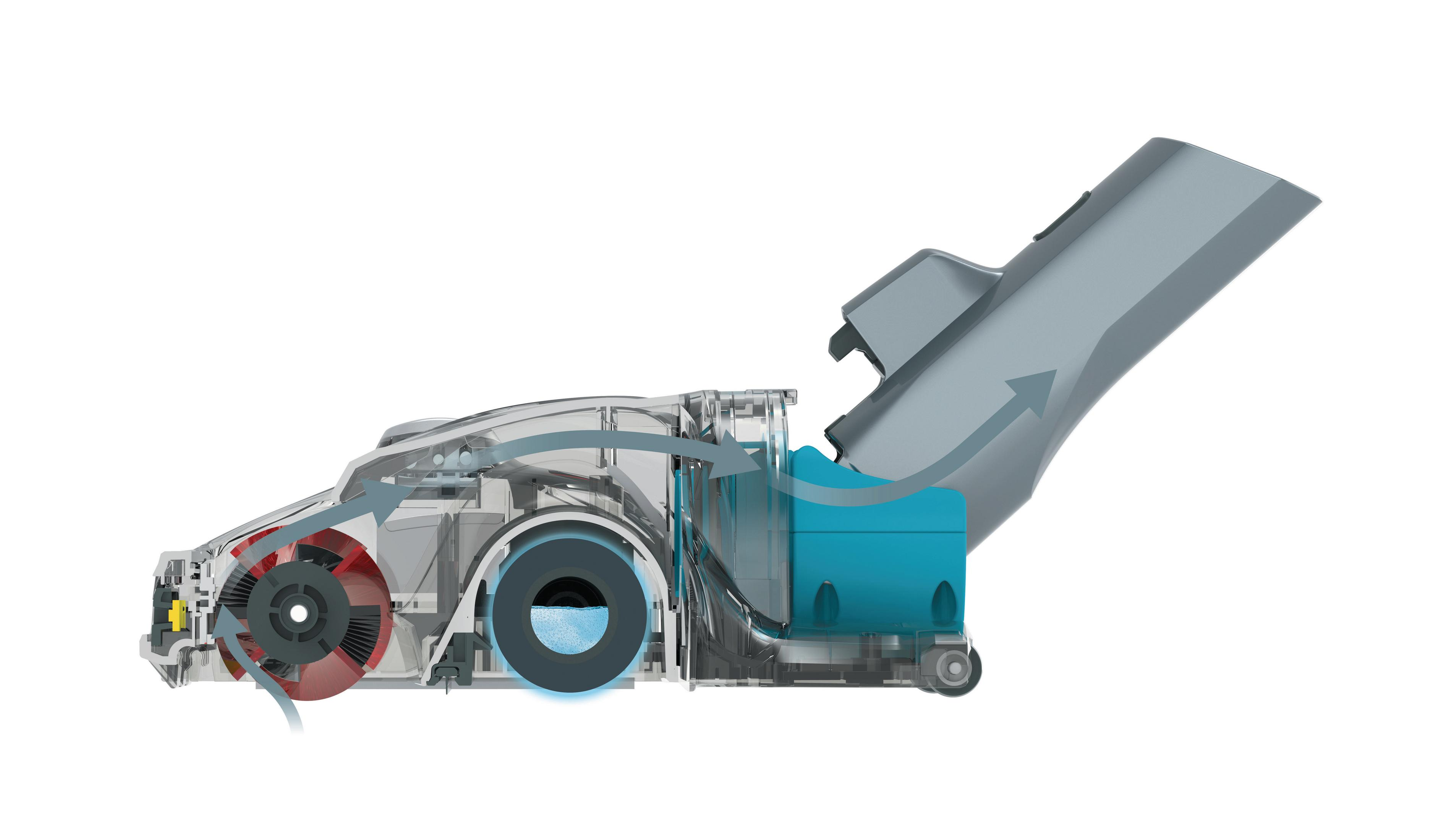 Widok przekrojowy odkurzacza pokazujący elementy wewnętrzne i ścieżki przepływu powietrza.