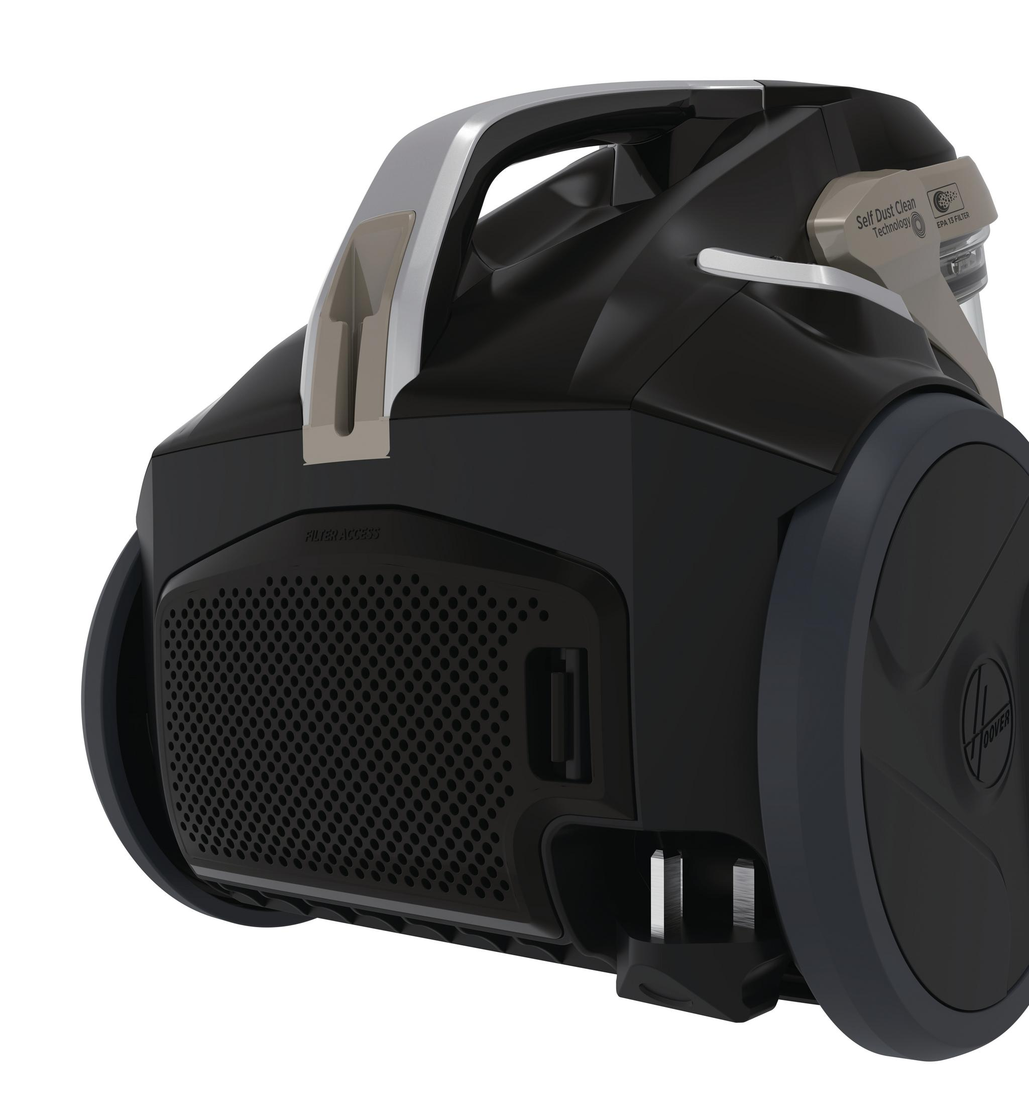 Czarny odkurzacz ze srebrnym uchwytem i kołami. Posiada kratkę i wiele etykiet.