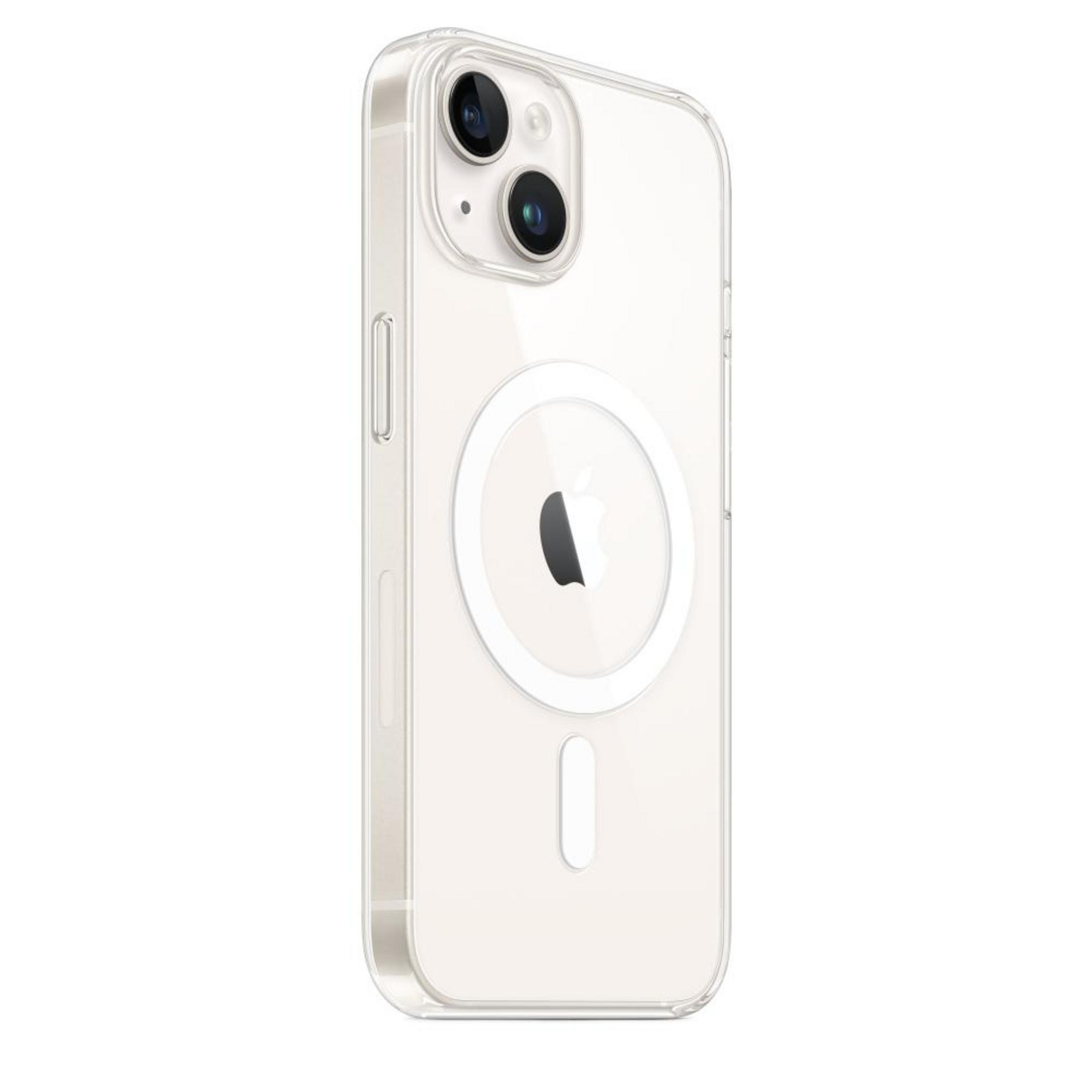 Transparante iPhone-case met MagSafe. Toont de camera en magnetische ring.