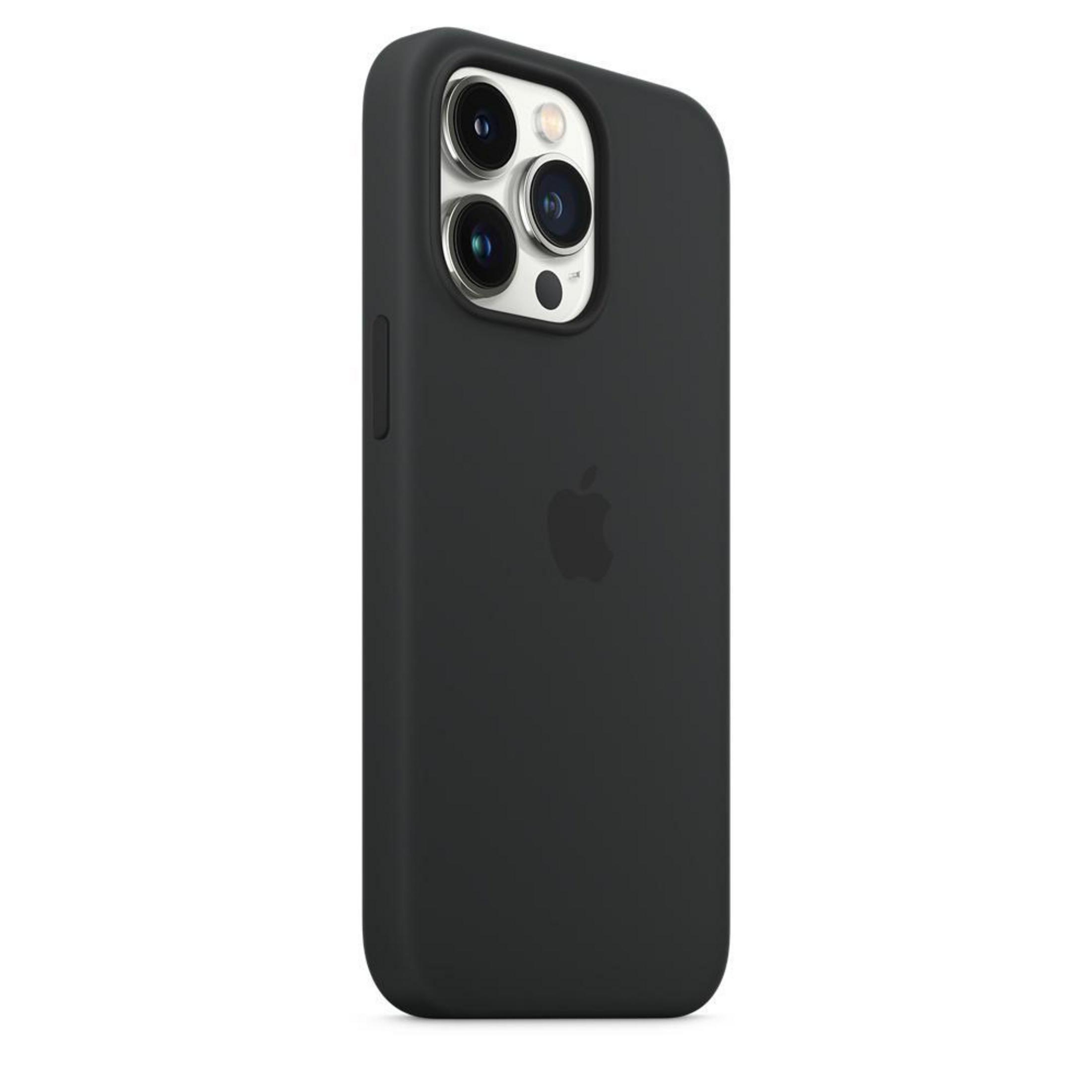 Zwarte iPhone-hoes met camera-uitsparing. Een Apple-logo is zichtbaar op de achterkant.