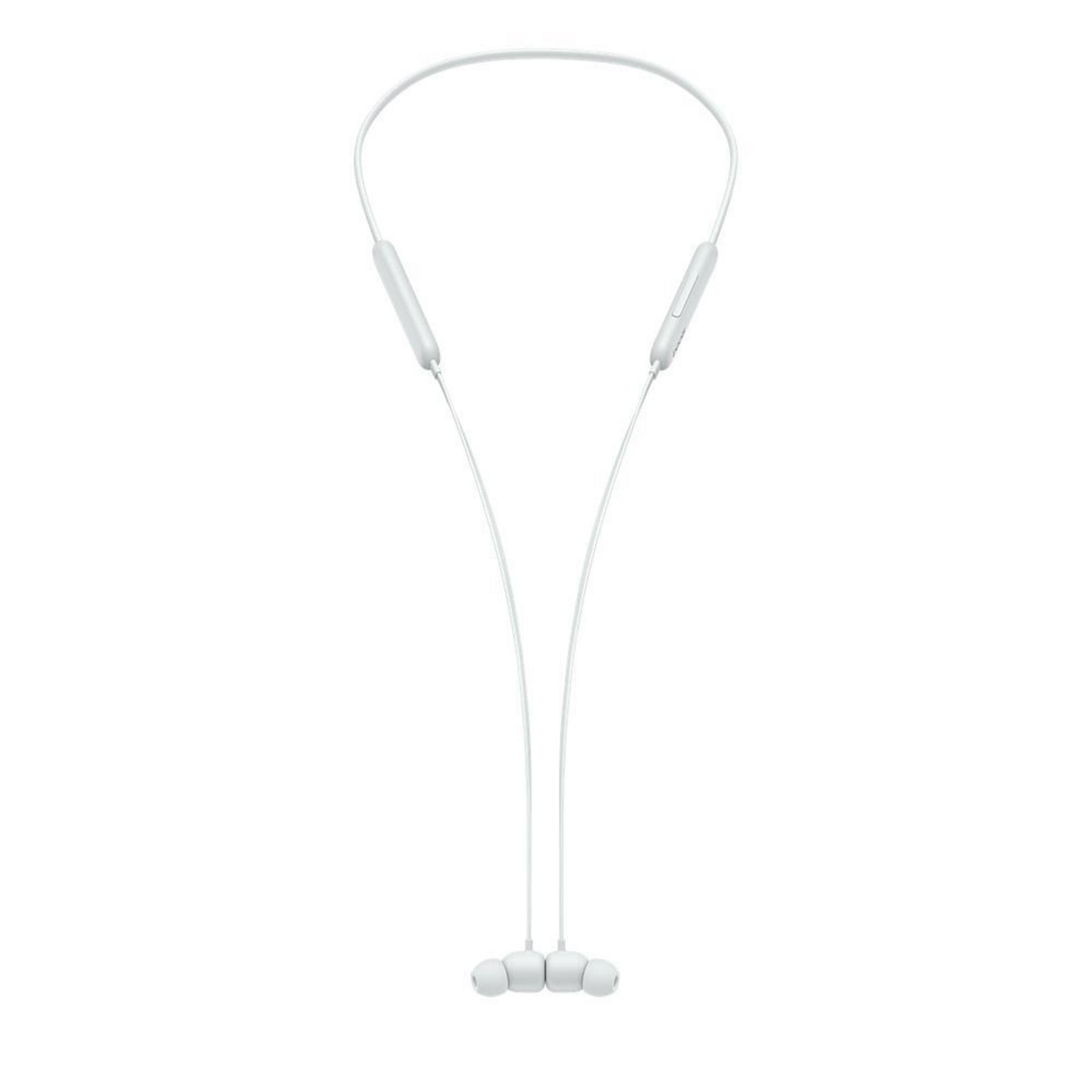 Białe bezprzewodowe słuchawki z pałąkiem na szyję.