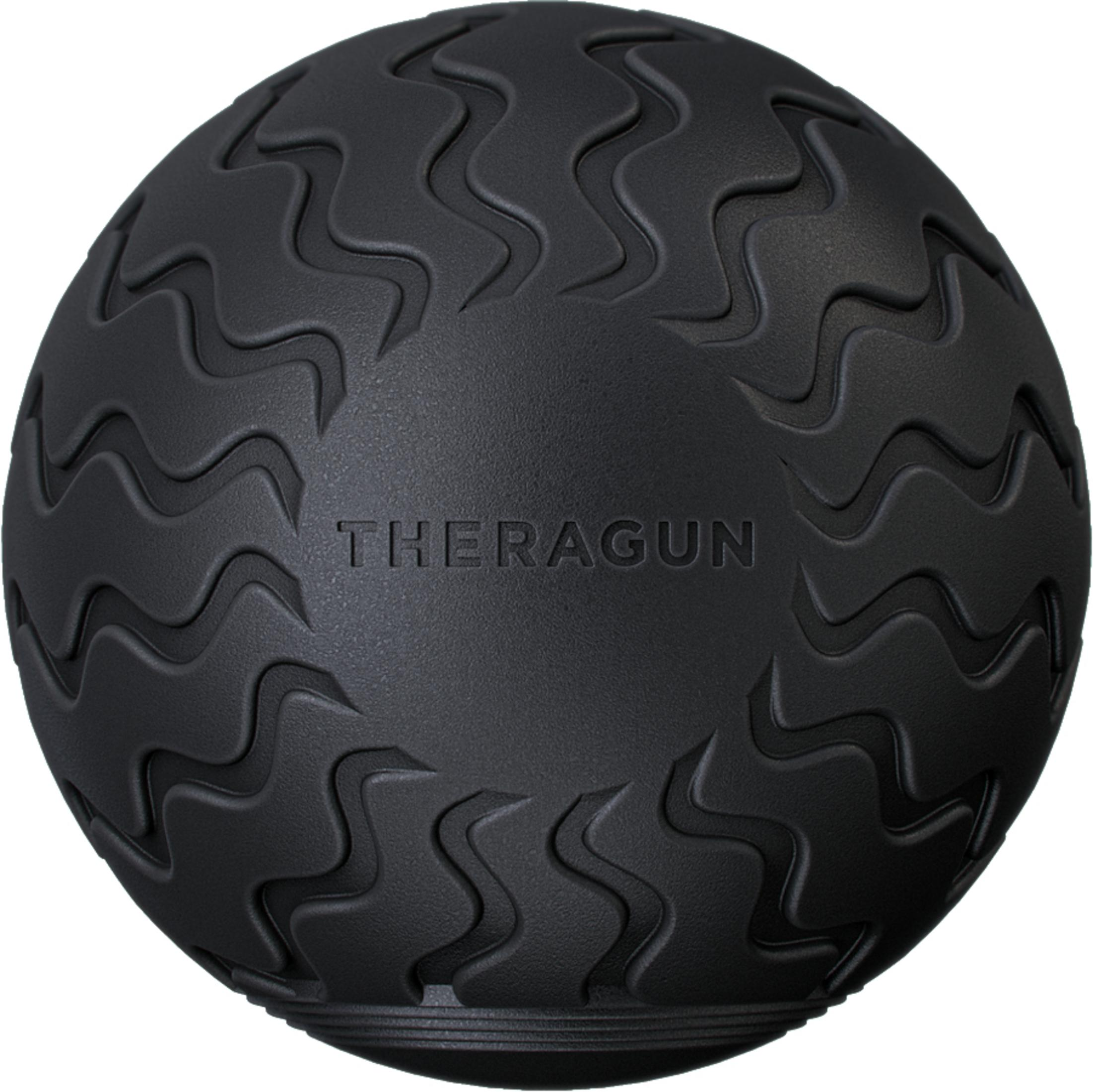 Pelota de masaje negra con superficie texturizada y texto 'Theragun'.