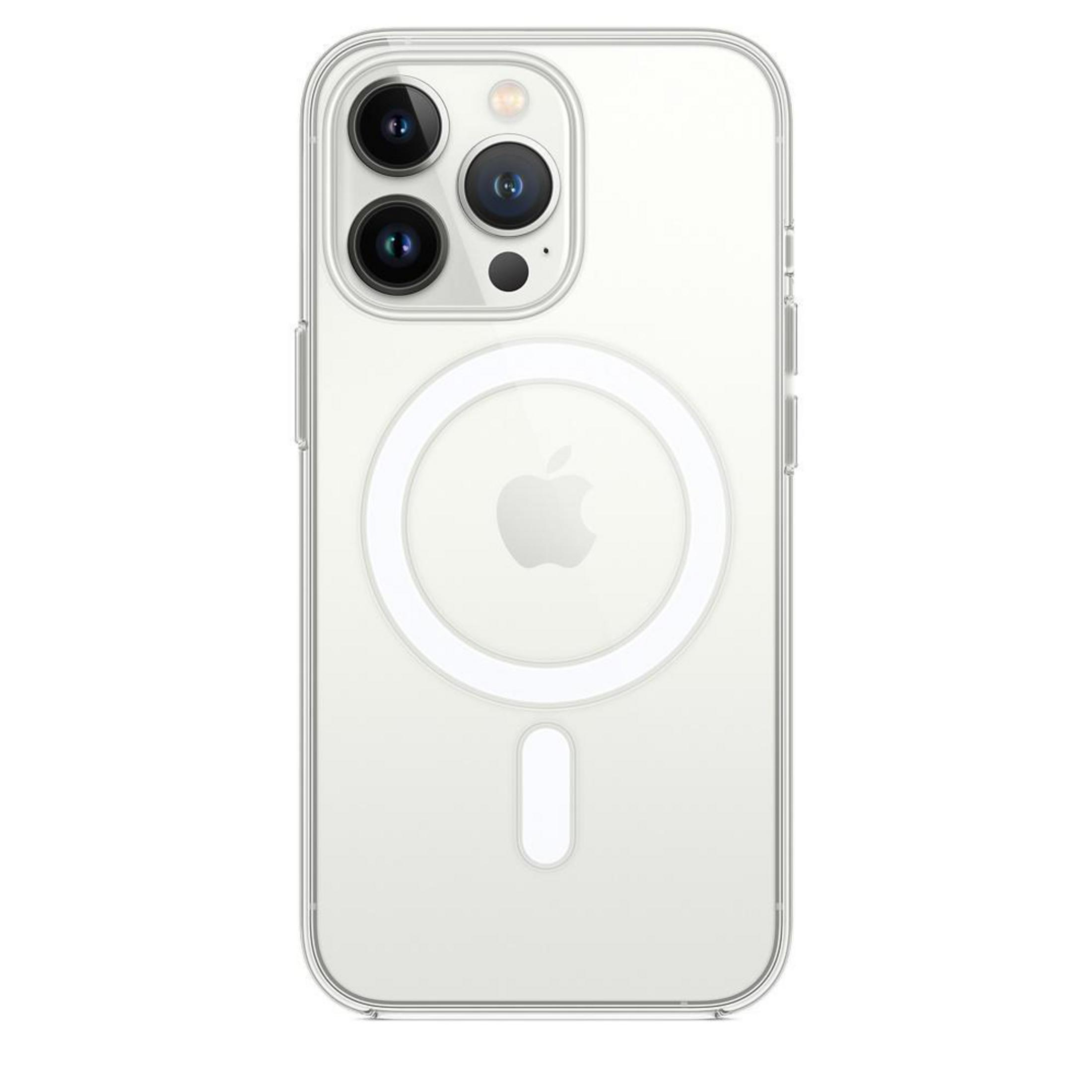 Transparante telefoonhoes, Apple-logo, MagSafe-cirkel en camera-opstelling op een witte achtergrond.